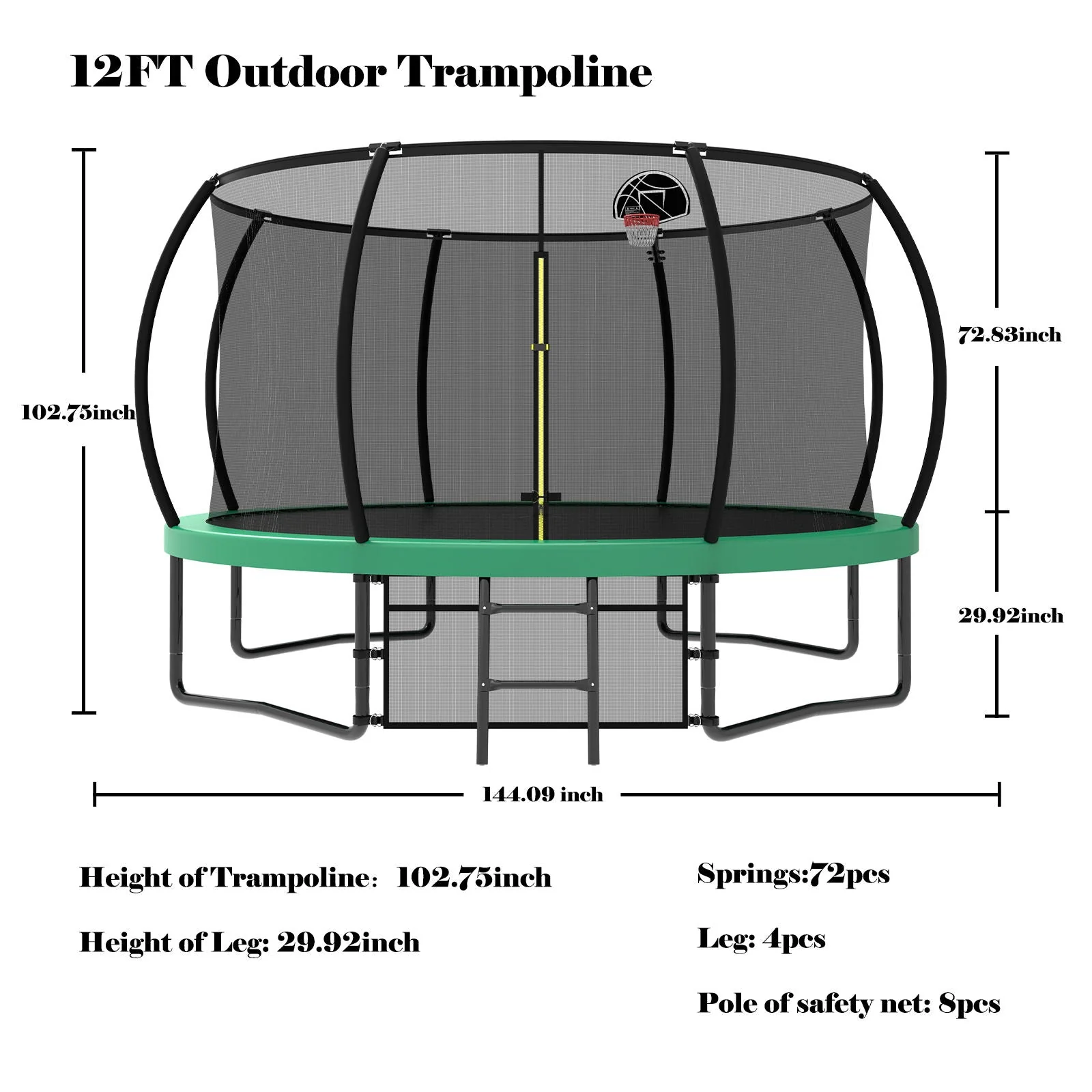 12' Recreational Kids Outdoor Trampoline With Safety Enclosure Net & Ladder - Image 7
