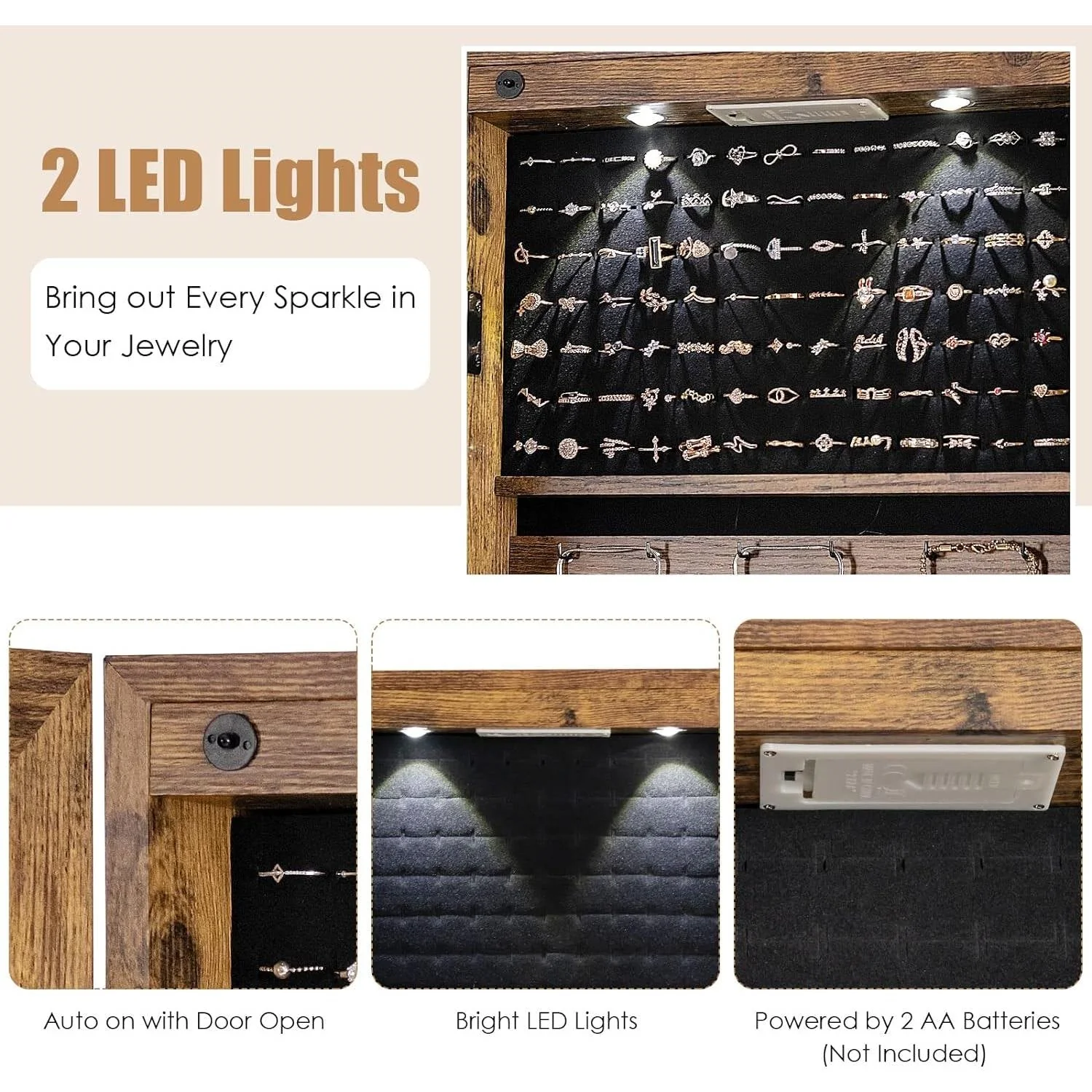 2-in-1 Door/Wall Mounted Jewelry Armoire in Brown Wood Finish - Image 5