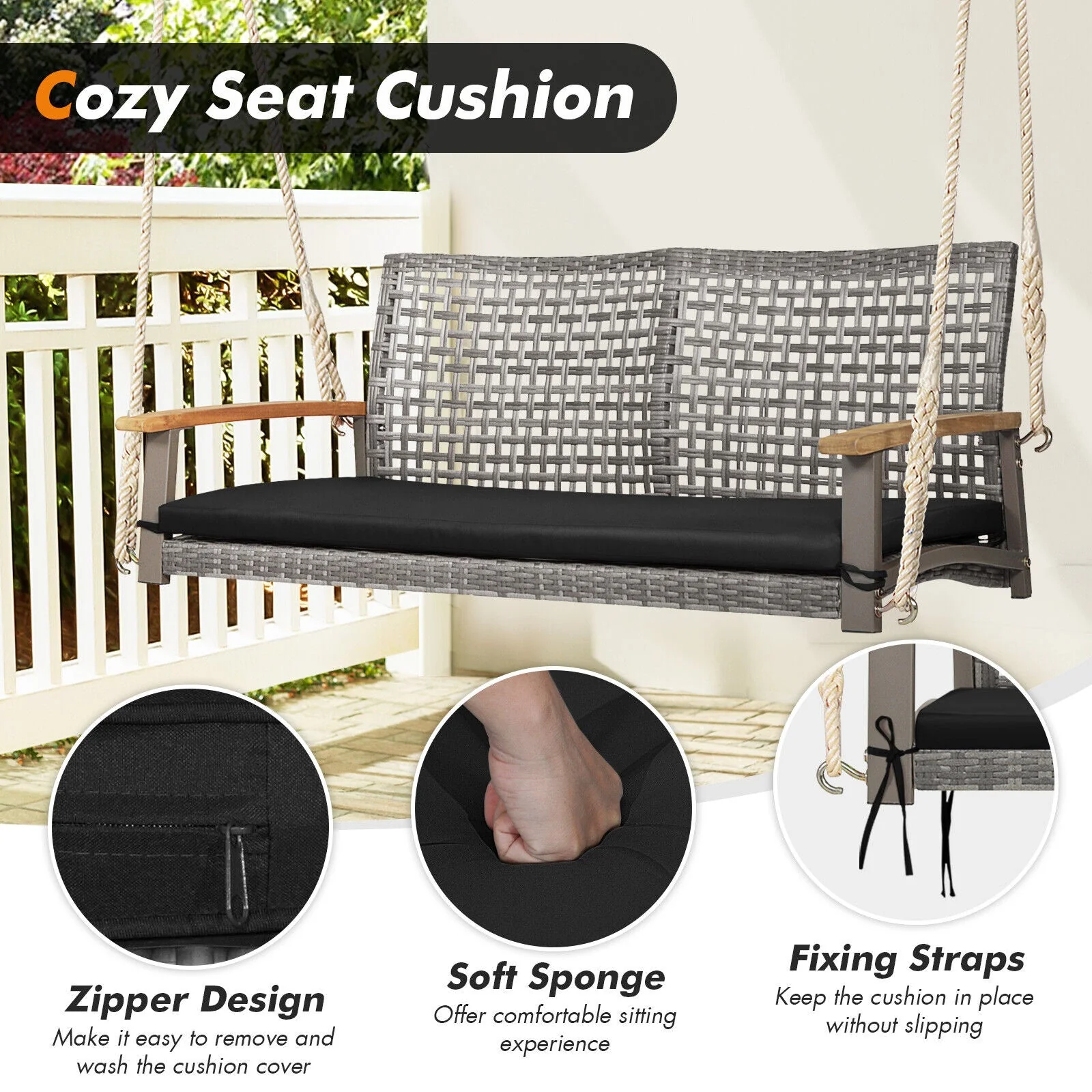 2-Person Patio Wicker Hanging Swing Chair - Black - Image 6