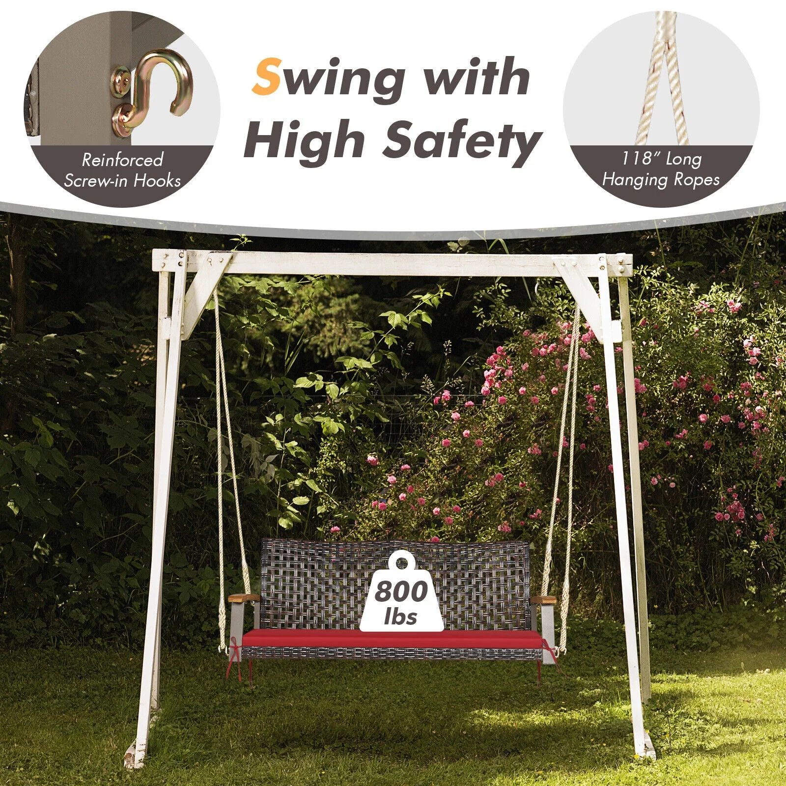 2-Person Rattan Hanging Porch Swing Chair - Red - Image 8