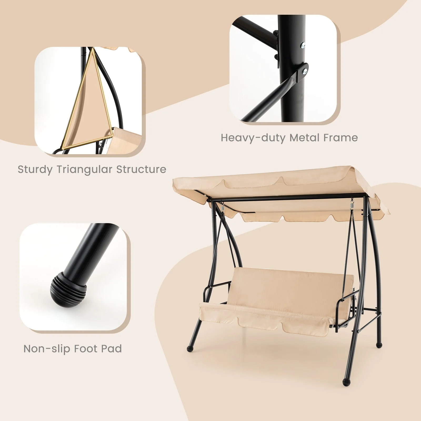2-Seat Outdoor Convertible Swing Chair with Flat Bed - Beige - Image 6