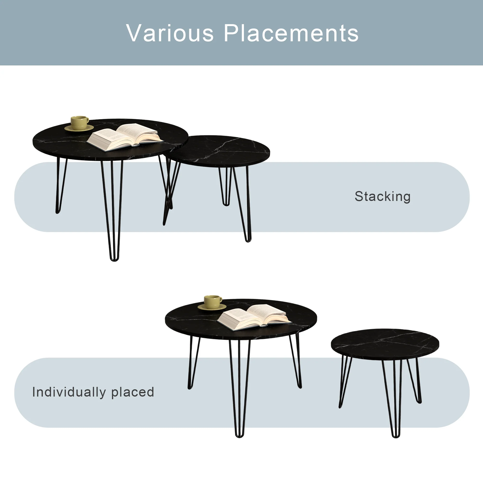 27.56'' Round Nesting Coffee Table Set of 2, End Table Set, Black - Image 22