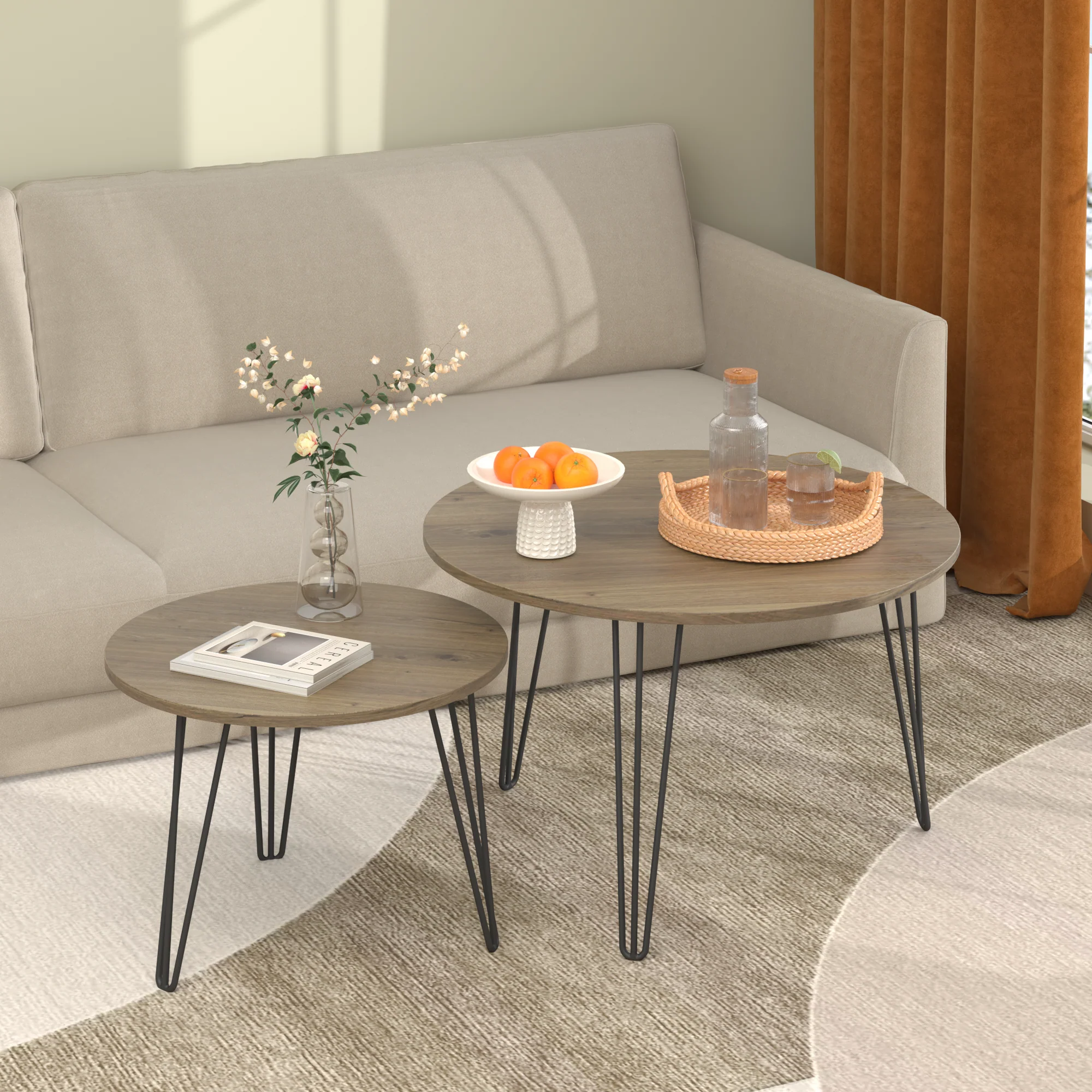 27.56'' Round Nesting Coffee Table Set of 2, End Table Set, Brown - Image 2