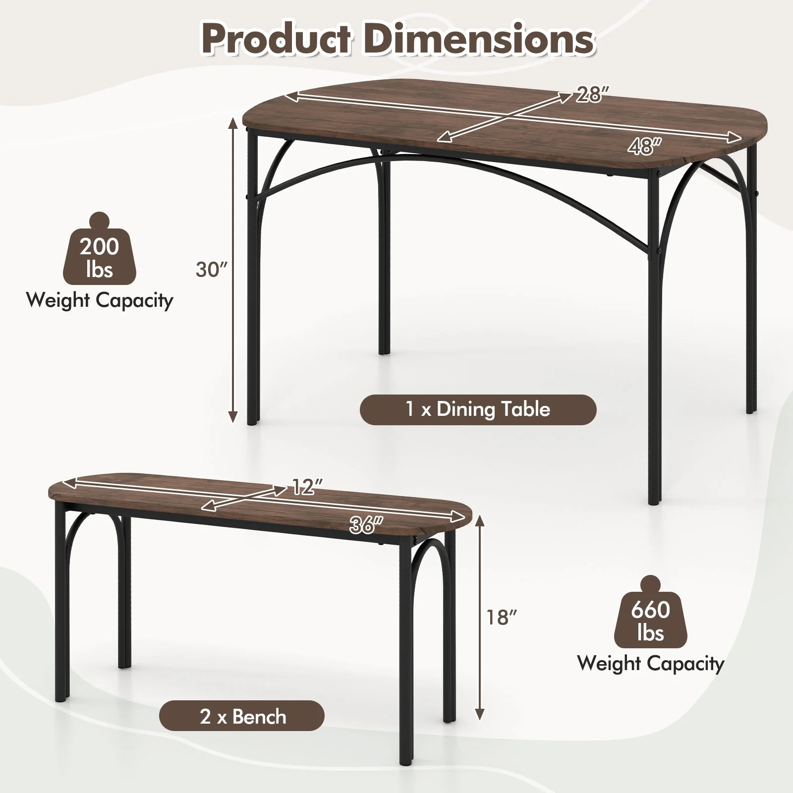 3-Piece Dining Table Set for 4 with Metal Frame - Brown - Image 5