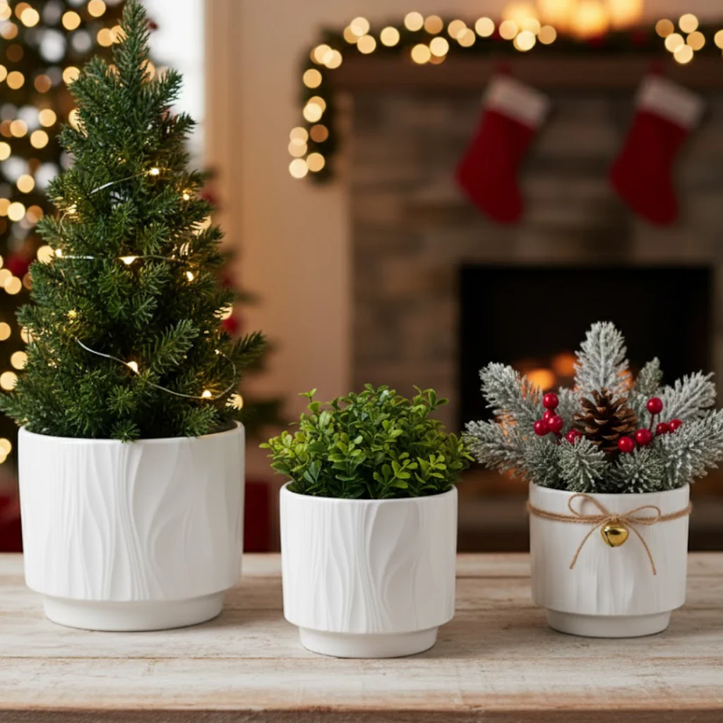 3-Piece White Stoneware Planter Pot Set with Embossed Texture - Image 2