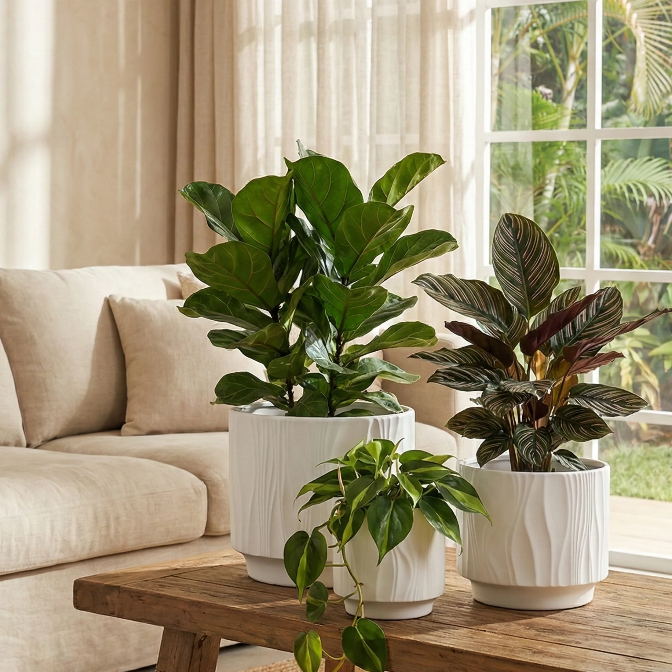 3-Piece White Stoneware Planter Pot Set with Embossed Texture - Image 3