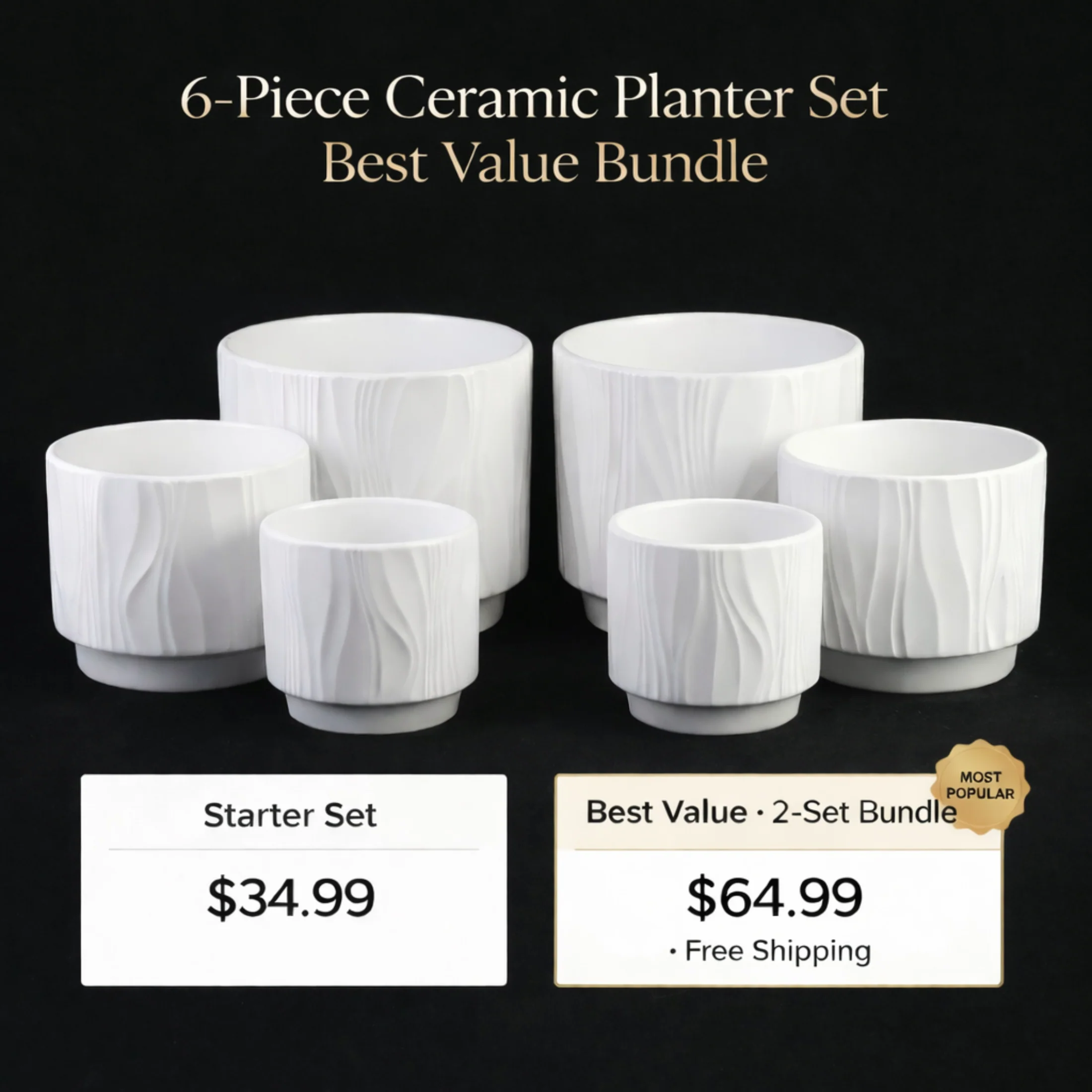 3-Piece White Stoneware Planter Pot Set with Embossed Texture - Image 4