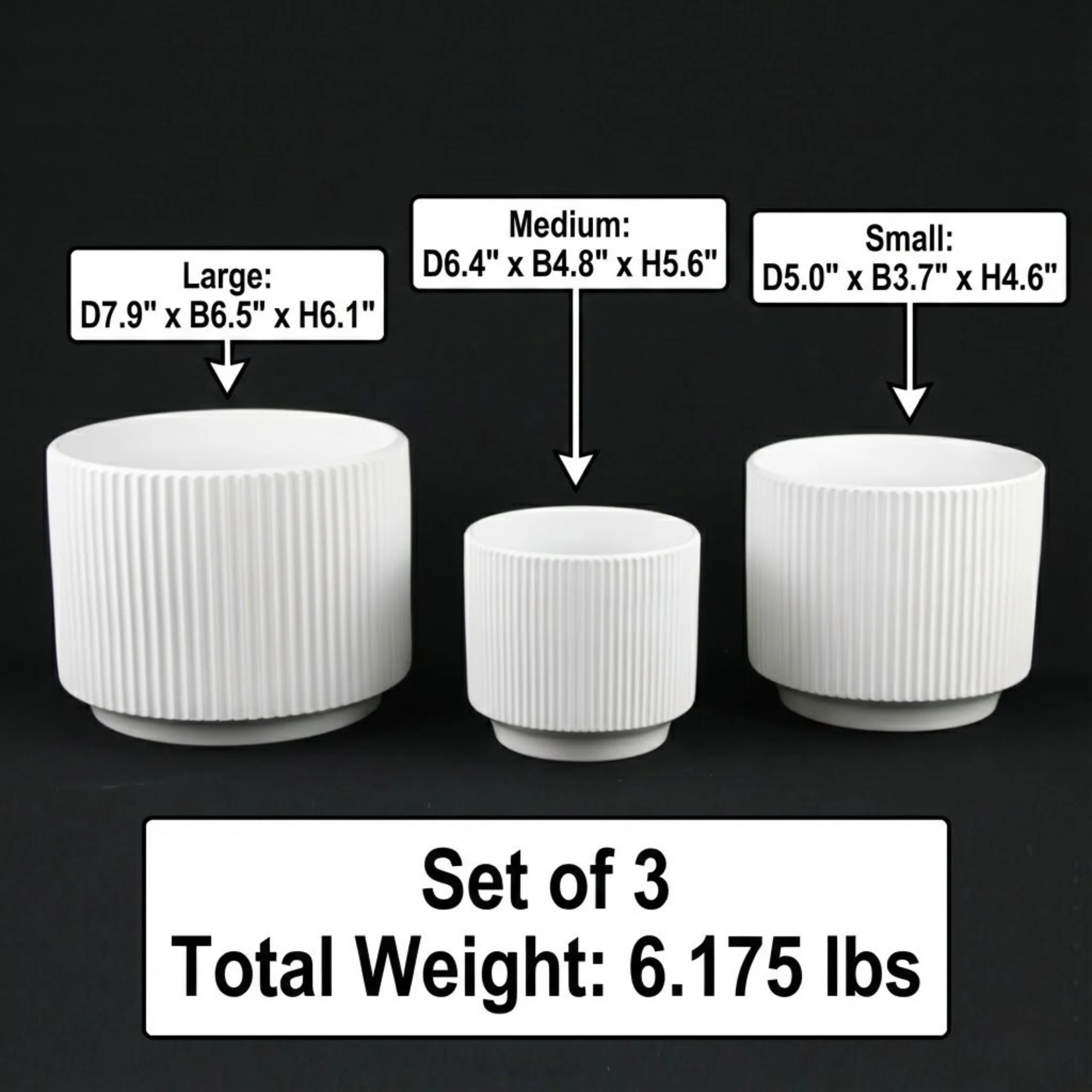 3-Piece White Stoneware Planter Pot Set with Ribbed Texture - Image 10