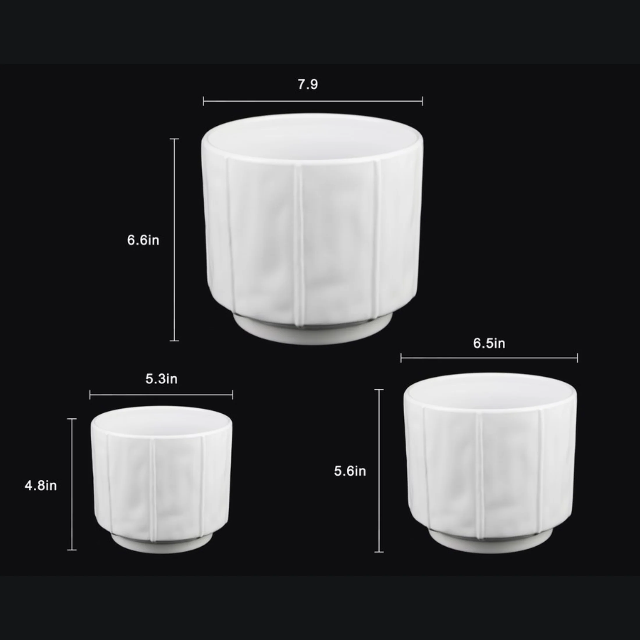 3-Piece White Stoneware Planter Pot Set with Soft Vertical Texture - Image 5