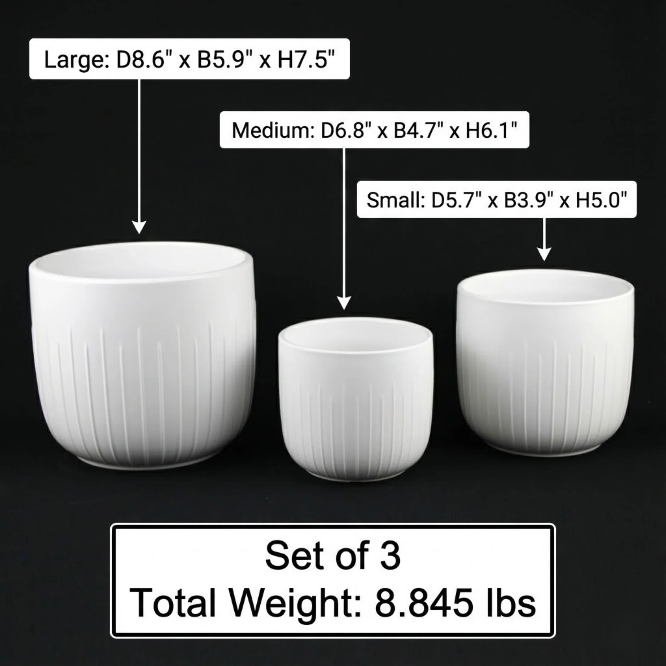 3-Piece White Stoneware Planter Pot Set with Vertical Groove Texture - Image 10