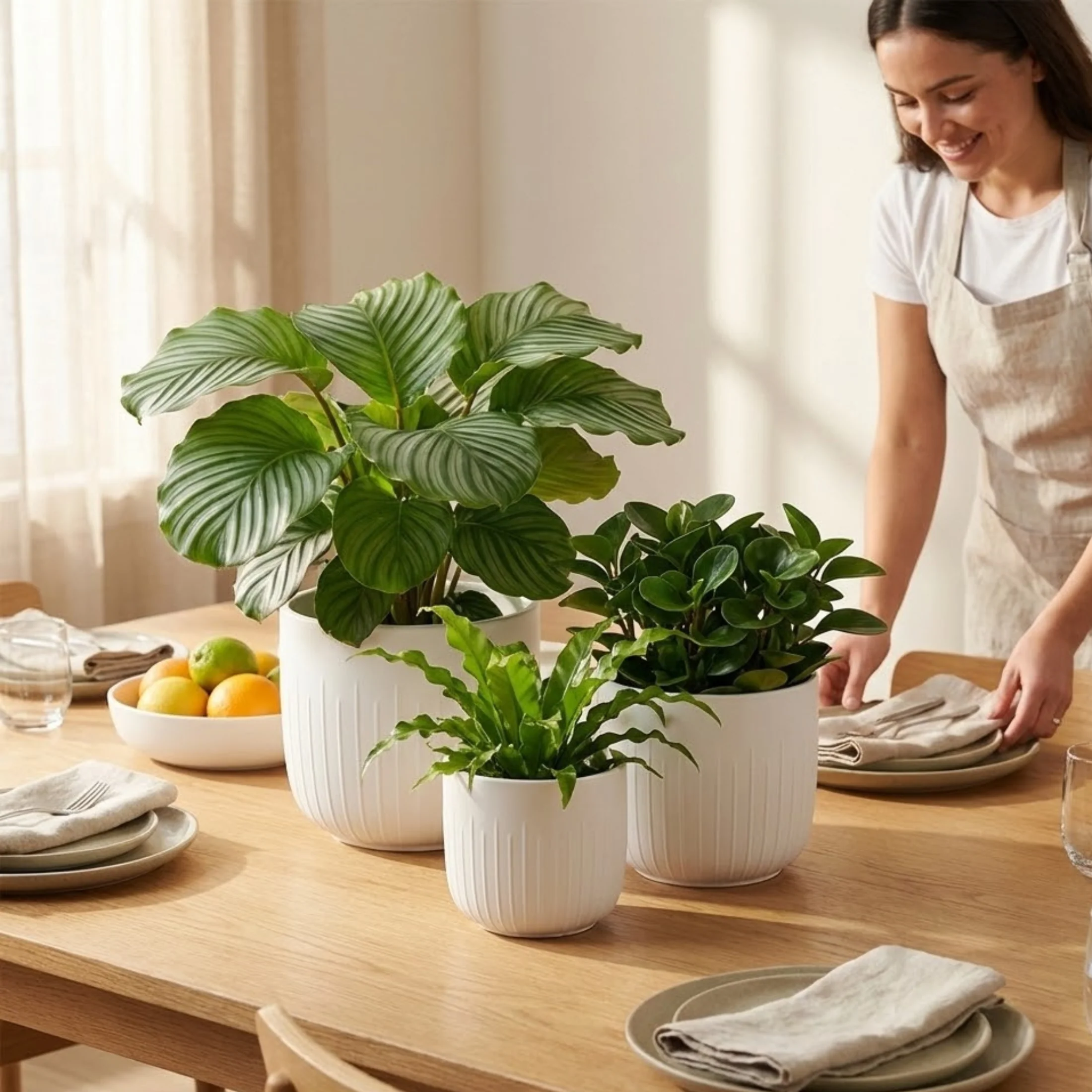 3-Piece White Stoneware Planter Pot Set with Vertical Groove Texture - Image 2