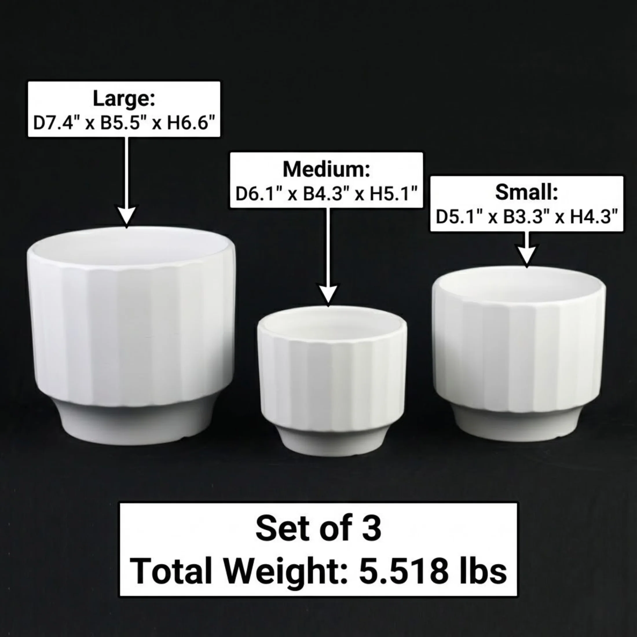 3-Piece White Stoneware Planter Set with Fluted Design - Image 5