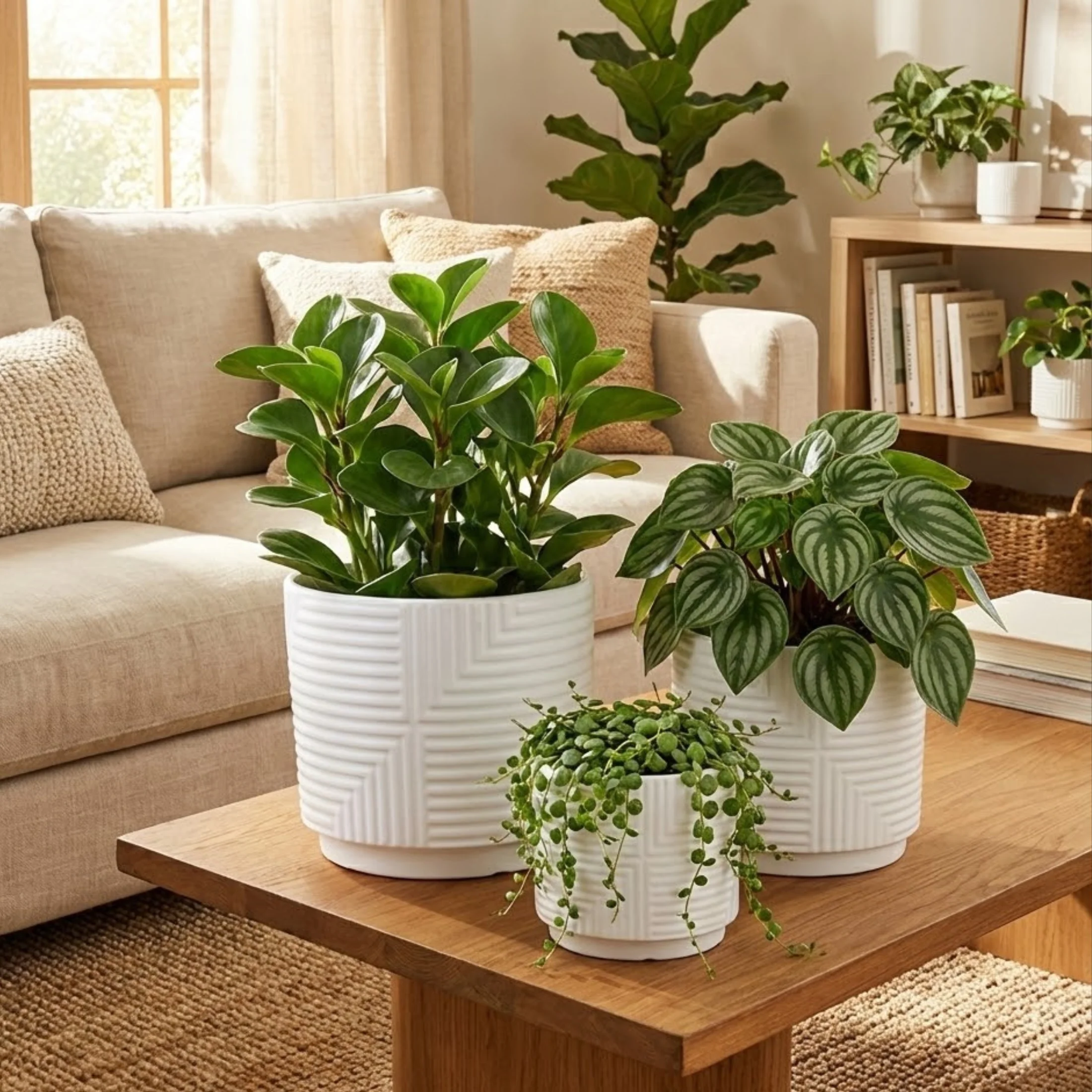 3-Piece White Stoneware Planter Set with Geometric Line Design - Image 3