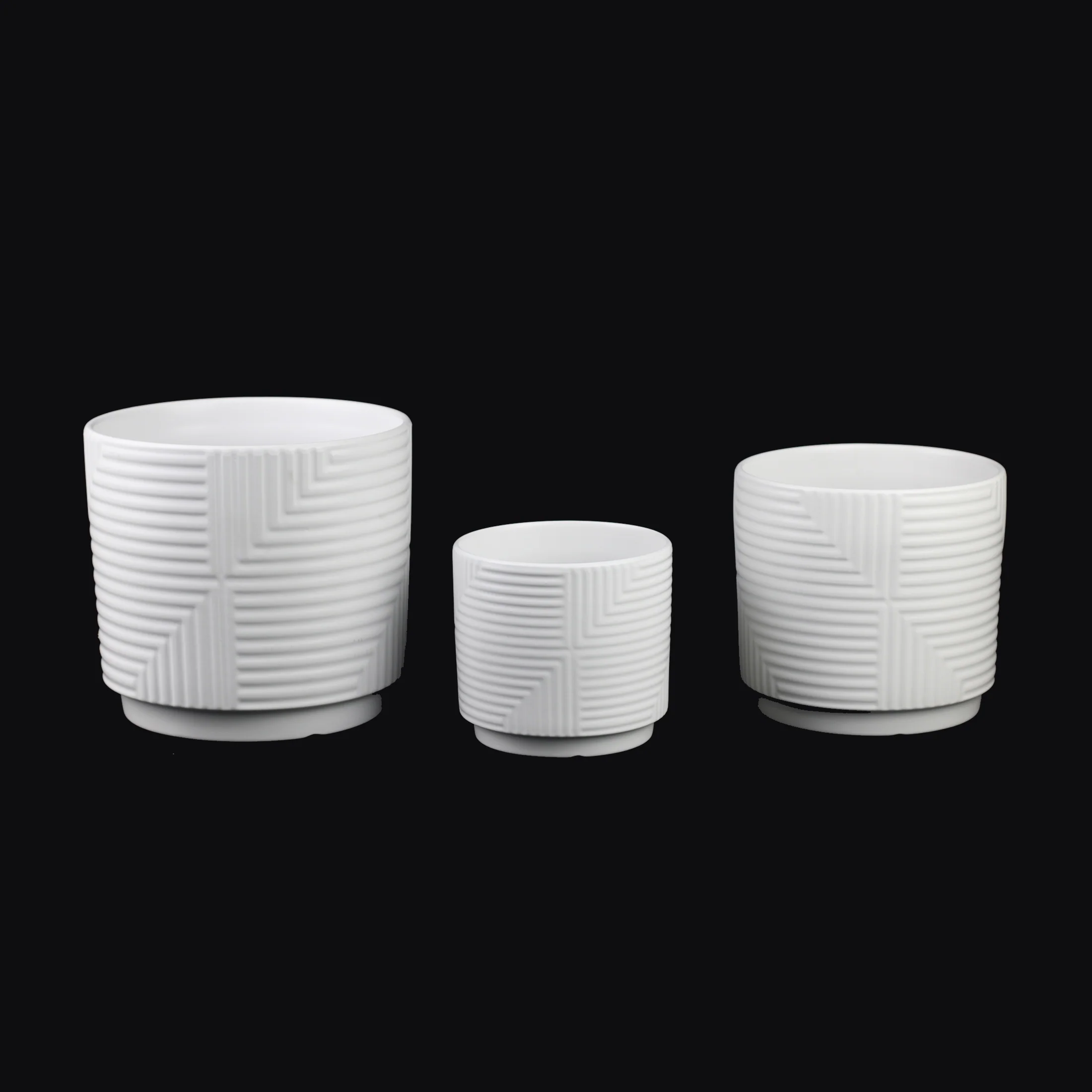 3-Piece White Stoneware Planter Set with Geometric Line Design - Image 4