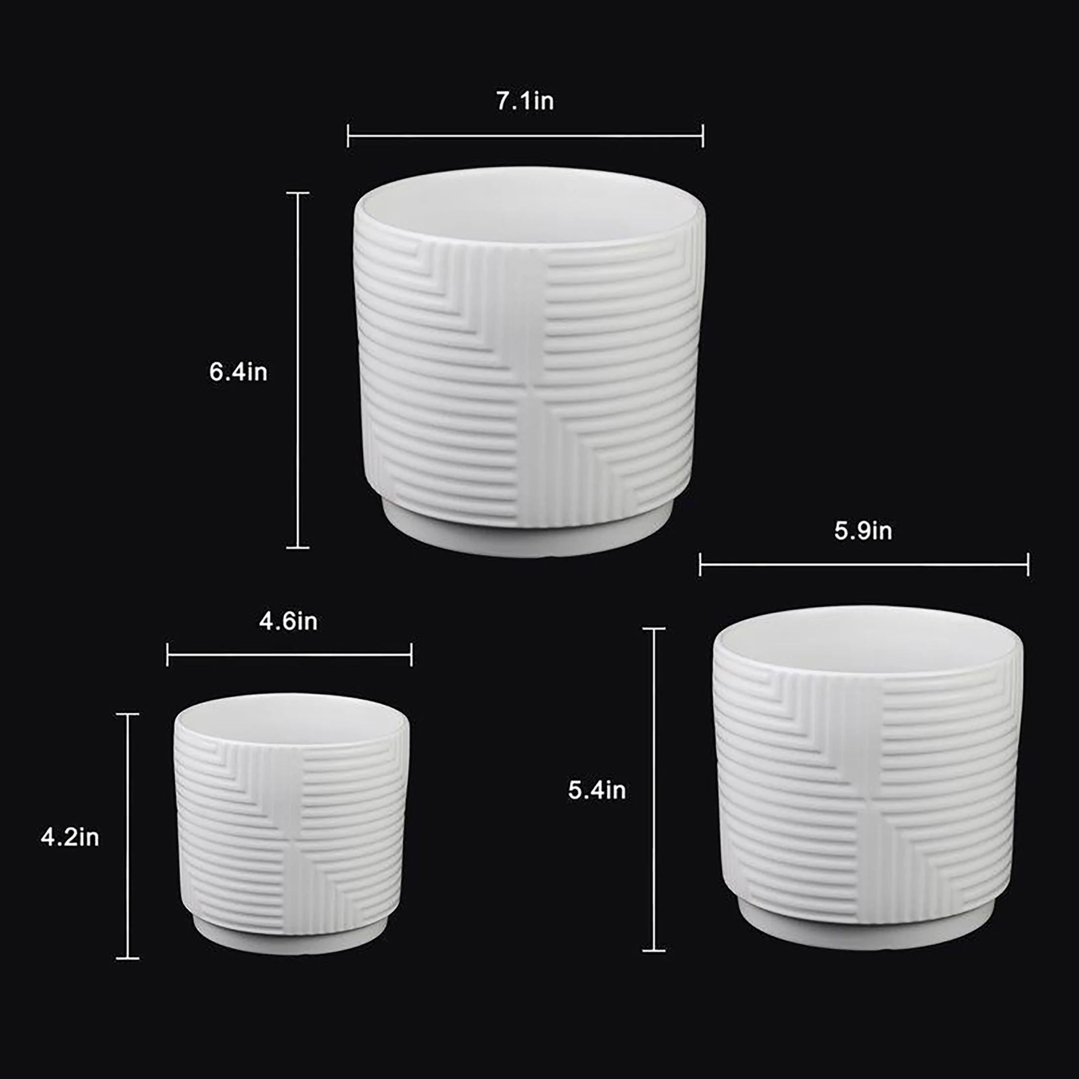 3-Piece White Stoneware Planter Set with Geometric Line Design - Image 5
