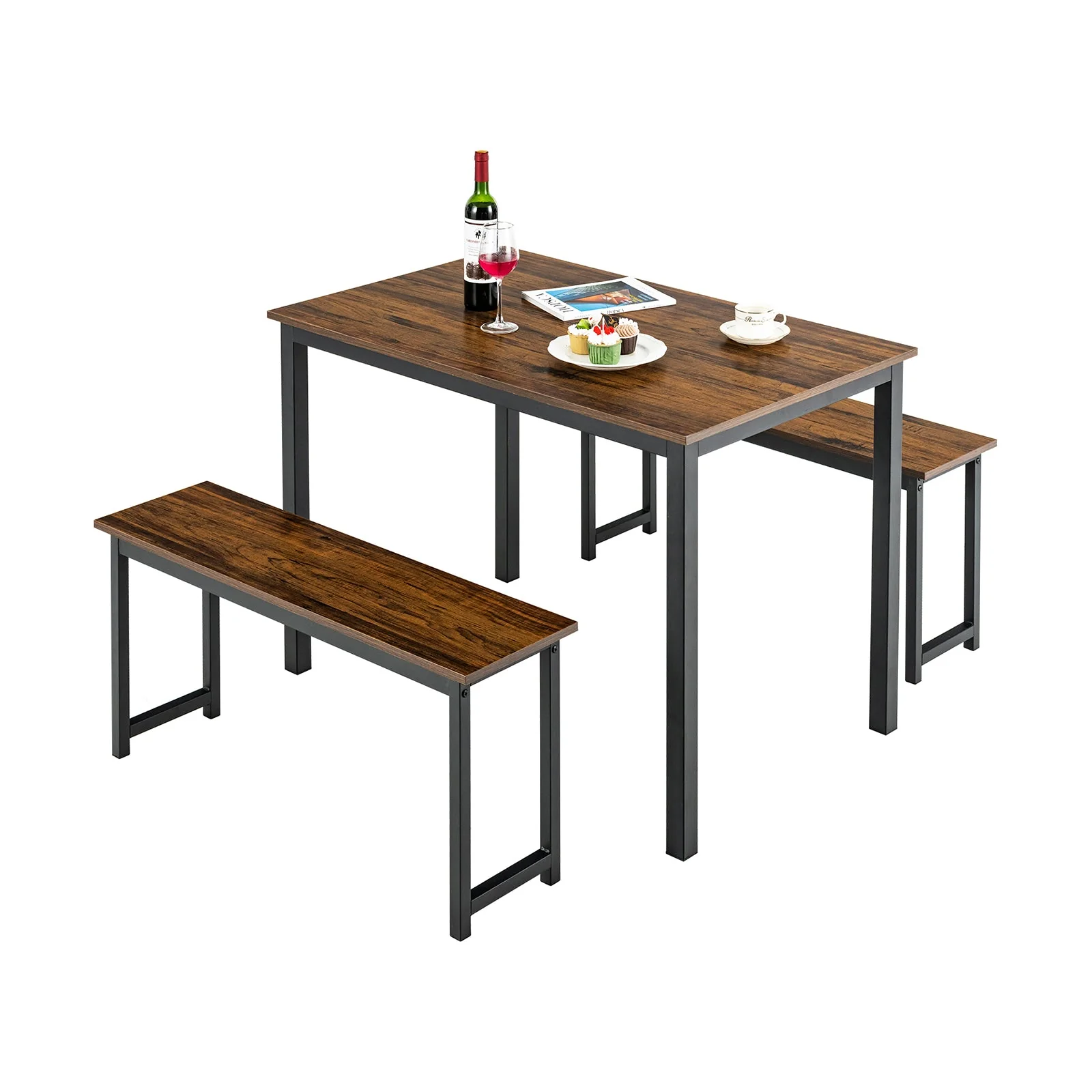 3 Pieces Dining Table Set with 2 Benches - Brown - Image 3