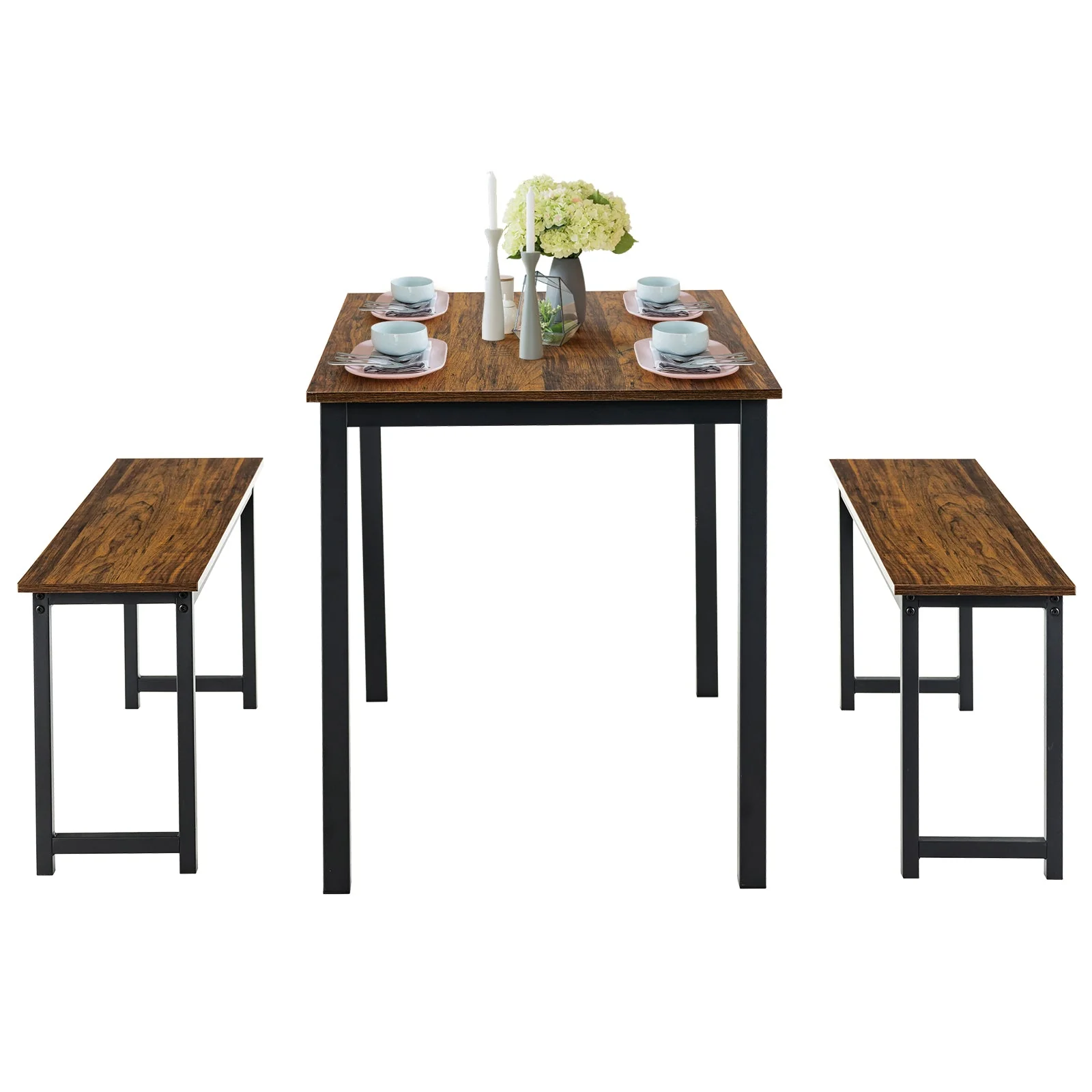 3 Pieces Dining Table Set with 2 Benches - Brown - Image 4