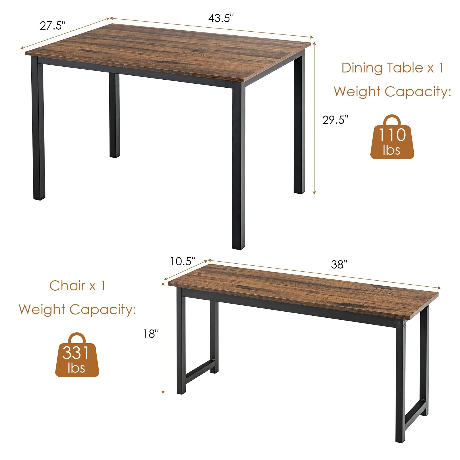 3 Pieces Dining Table Set with 2 Benches - Brown - Image 5