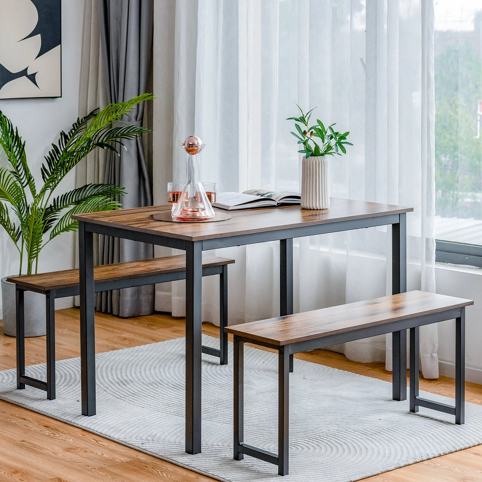 3 Pieces Dining Table Set with 2 Benches - Brown - Image 6