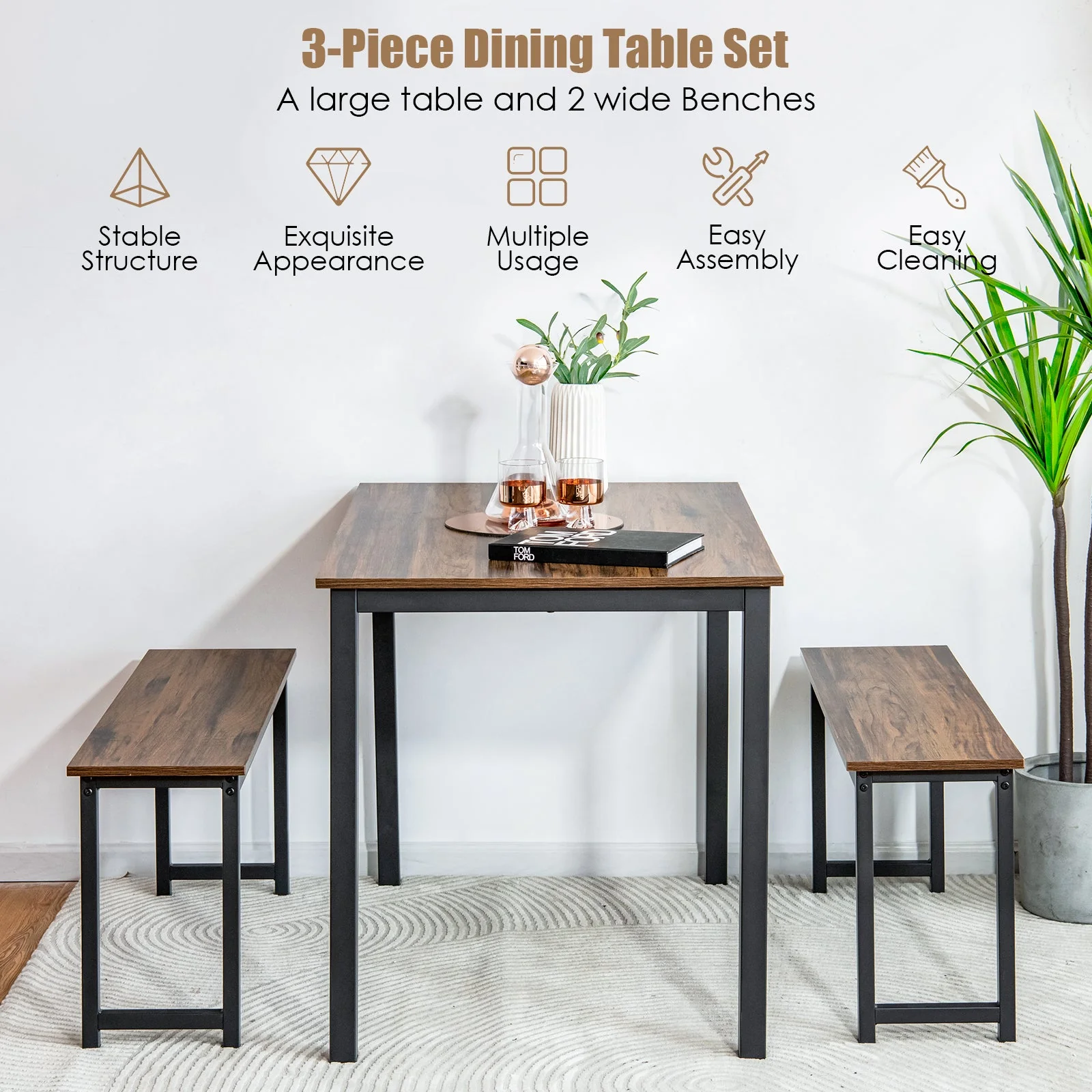 3 Pieces Dining Table Set with 2 Benches - Brown - Image 7