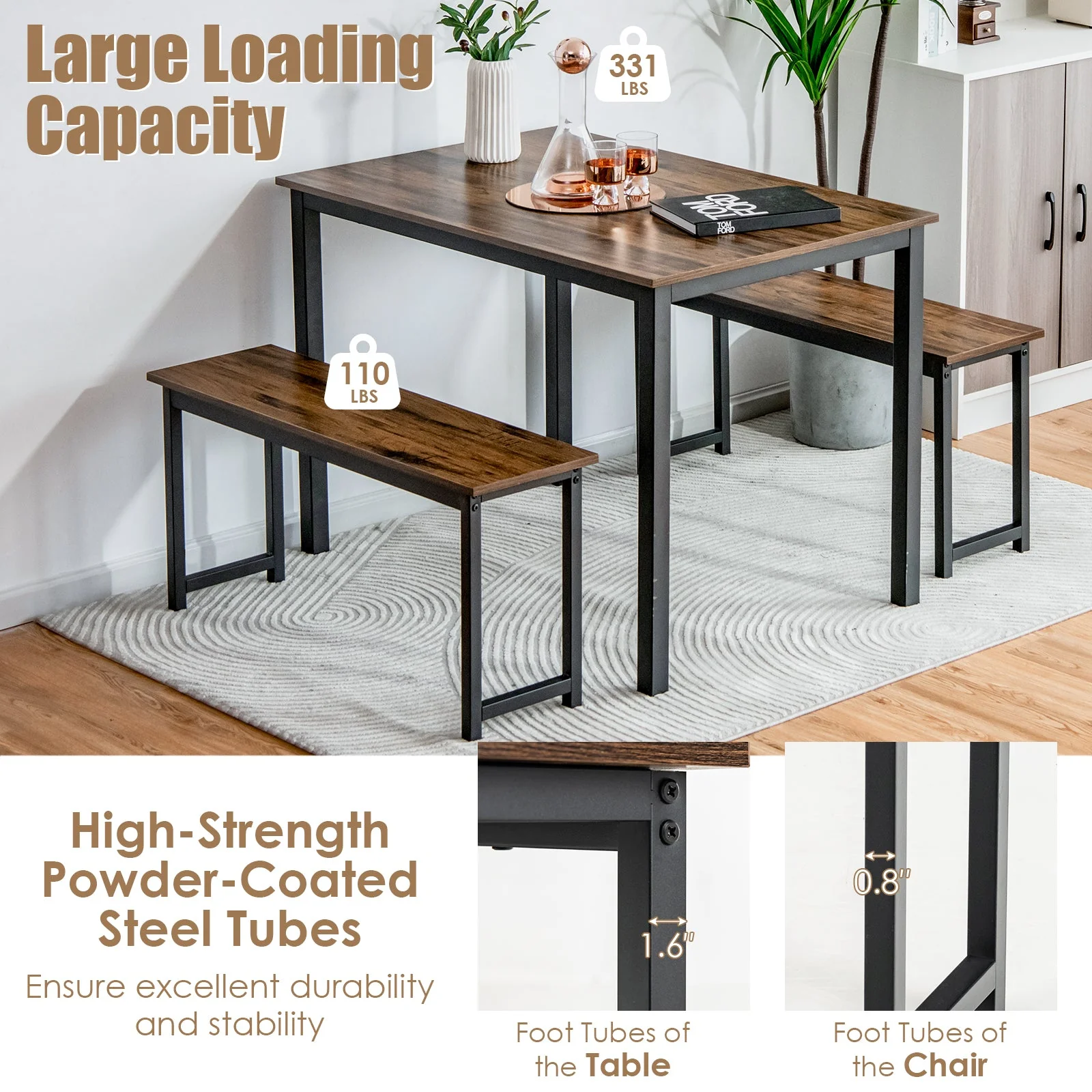 3 Pieces Dining Table Set with 2 Benches - Brown - Image 8