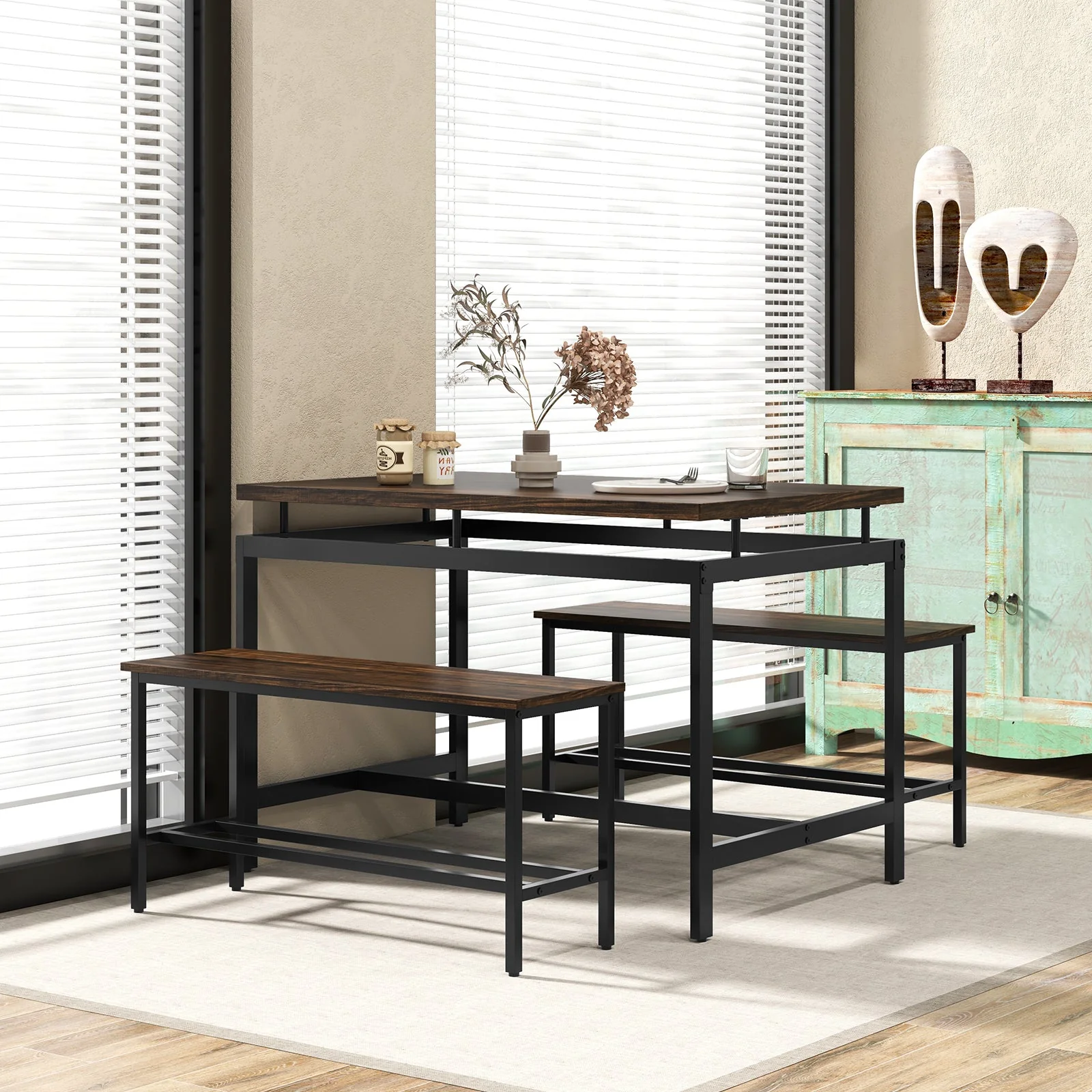 3 Pieces Dining Table Set - Brown - Image 2