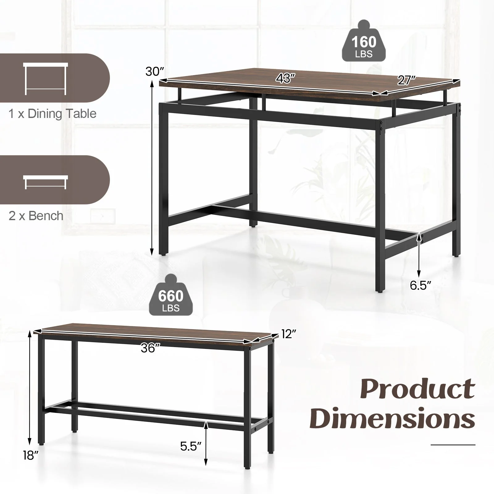 3 Pieces Dining Table Set - Brown - Image 4