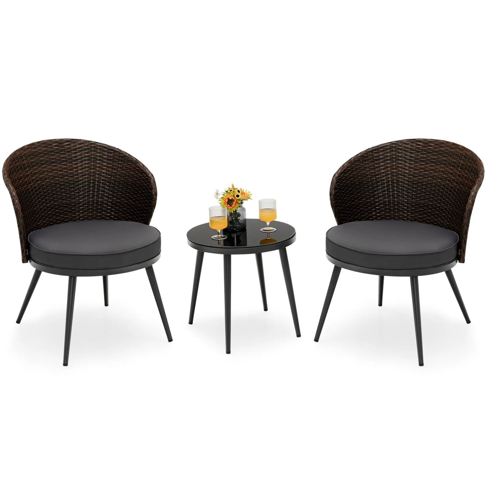 3 Pieces Patio Rattan Bistro Set with 2 Seat Cushions - Brown - Image 4