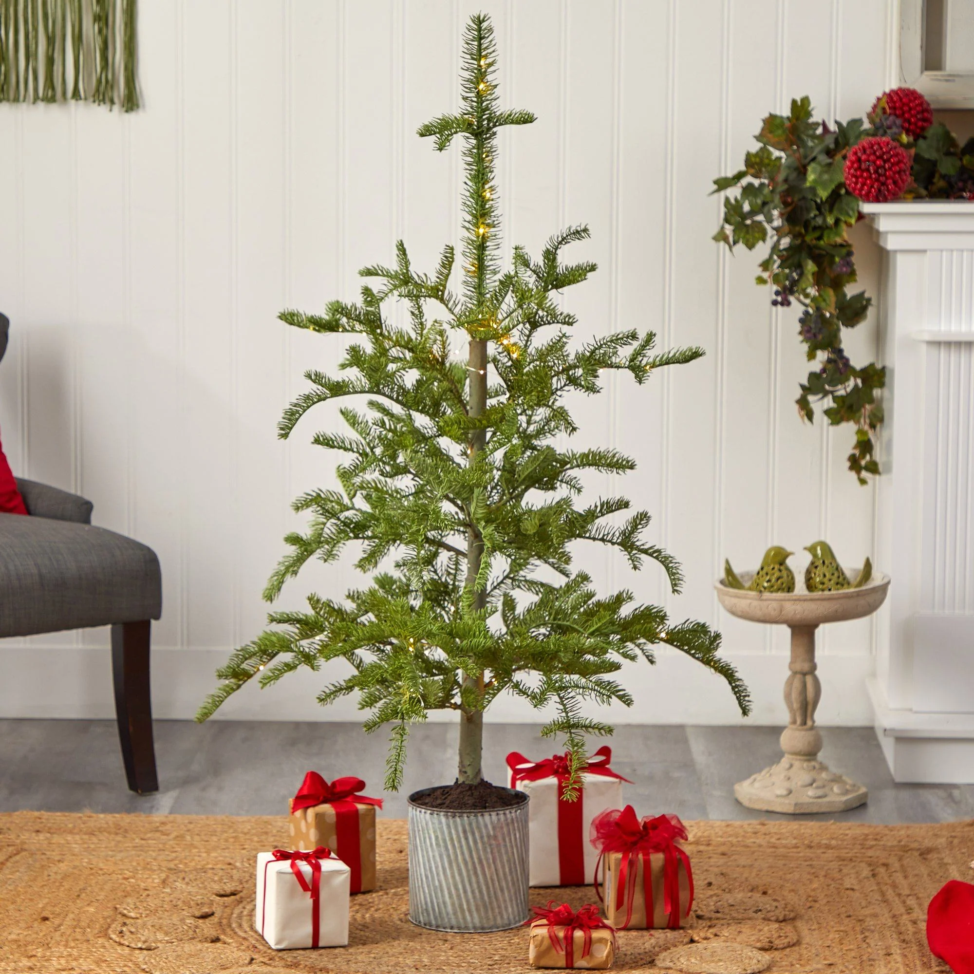 4.5’ Pre-Lit Christmas Pine Artificial Tree in Decorative Planter - Image 7