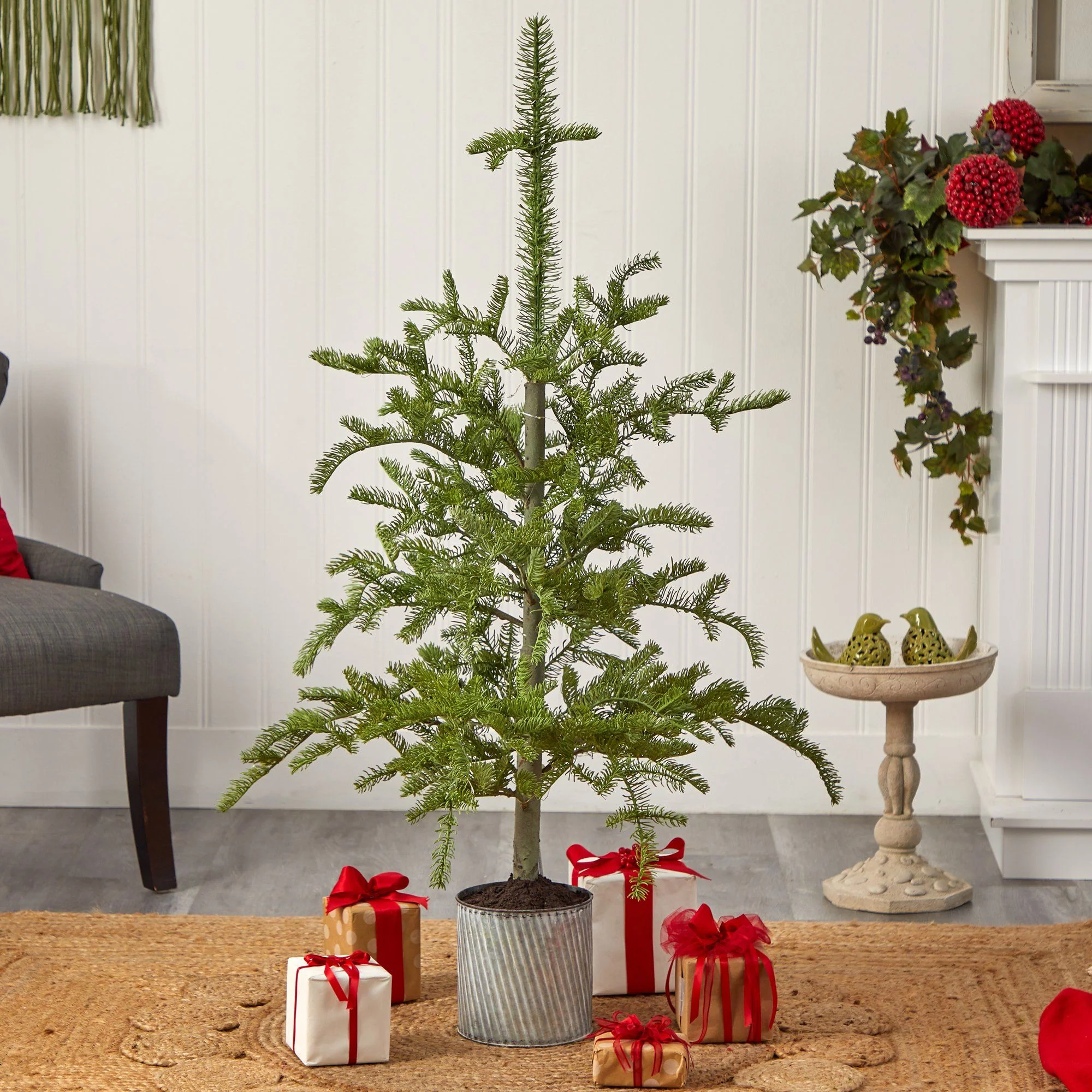 4.5’ Pre-Lit Christmas Pine Artificial Tree in Decorative Planter - Image 8