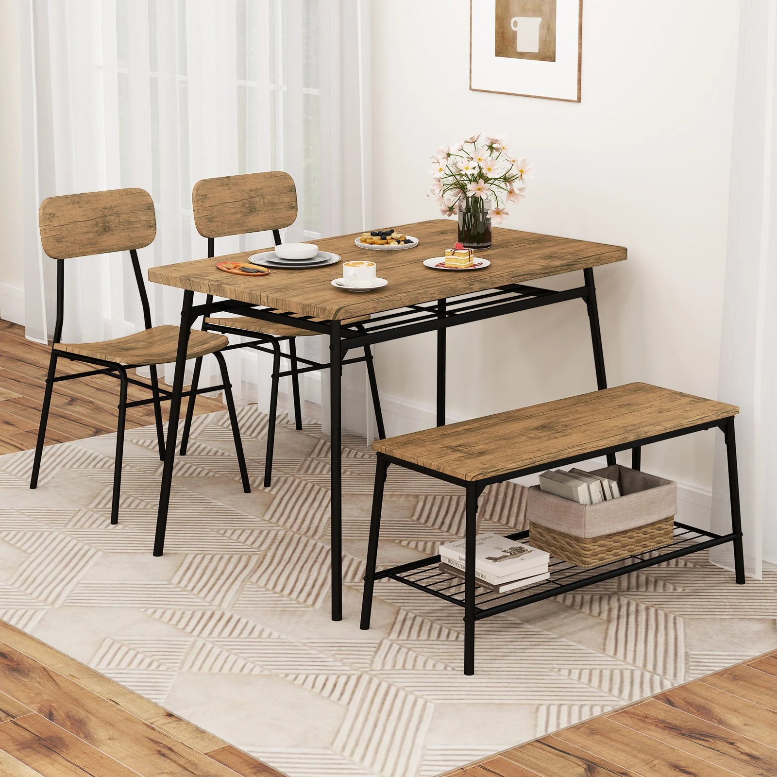 4 Piece Dining Table Set for 4, Metal Frame - Brown