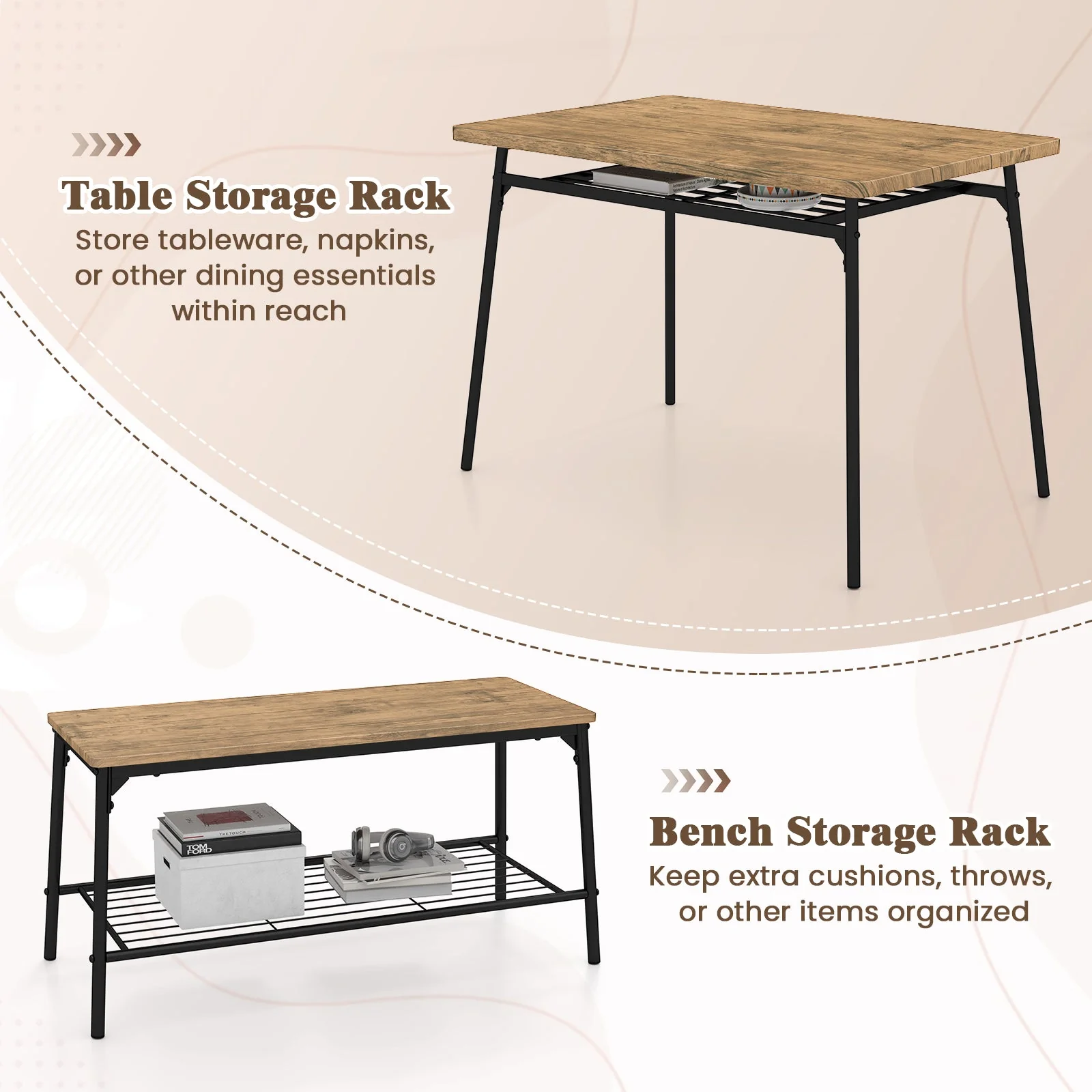 4 Piece Dining Table Set for 4, Metal Frame - Brown - Image 6
