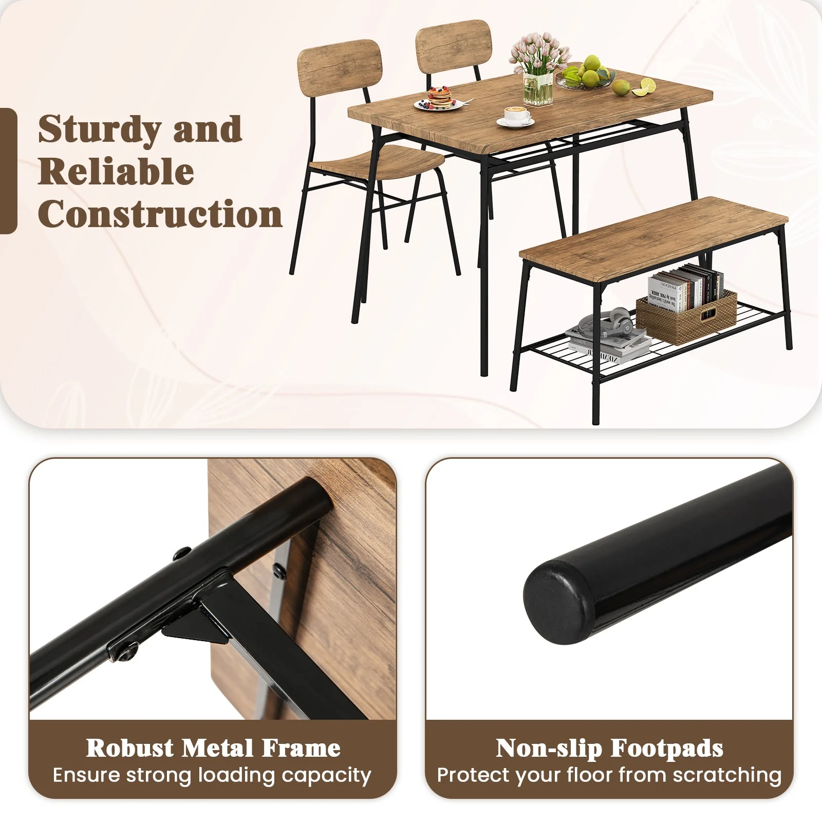 4 Piece Dining Table Set for 4, Metal Frame - Brown - Image 7