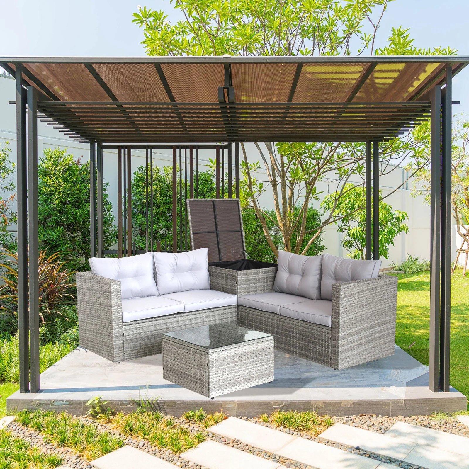 4 Piece Patio Sectional Sofa Set with Storage Box - Grey - Image 13