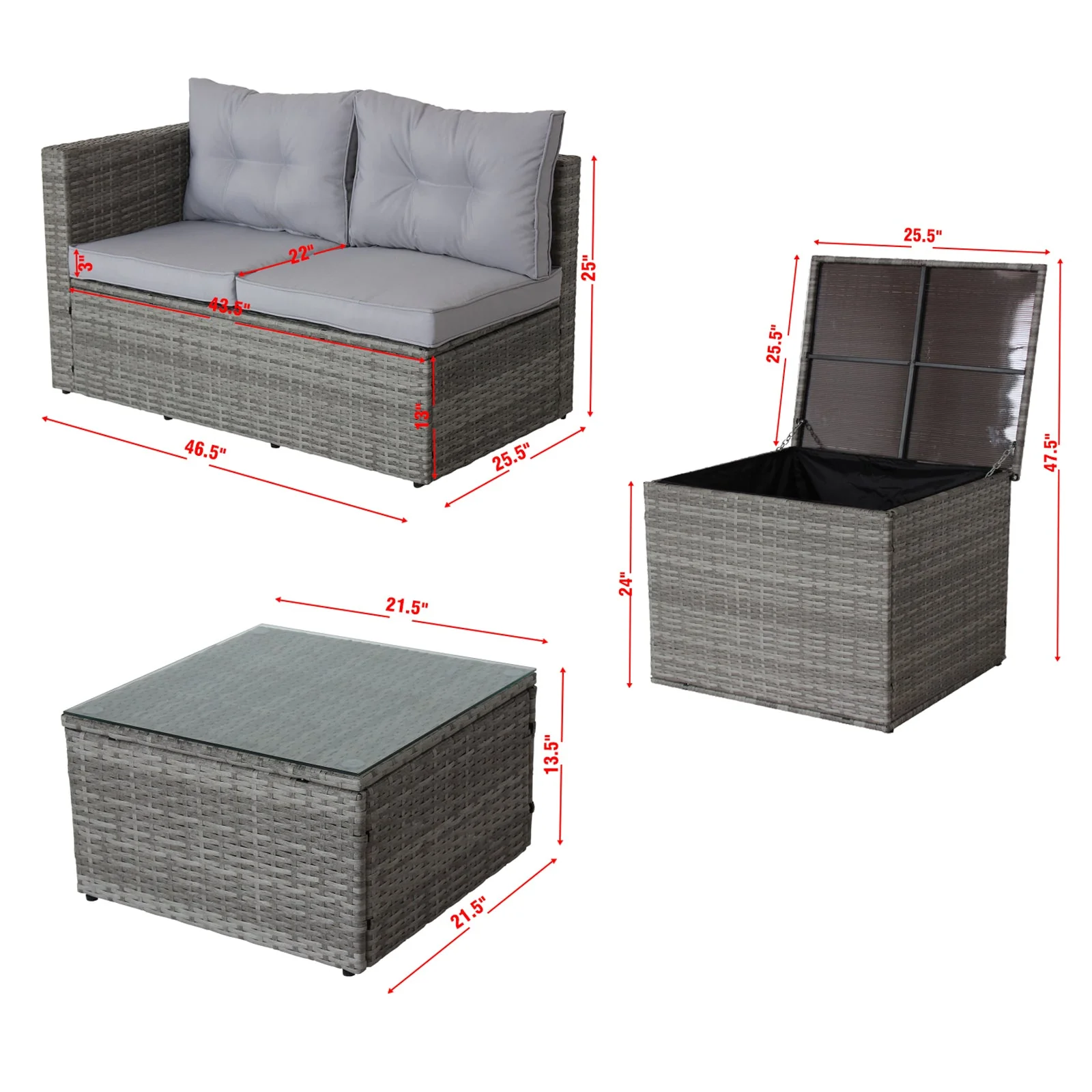 4 Piece Patio Sectional Sofa Set with Storage Box - Grey - Image 2