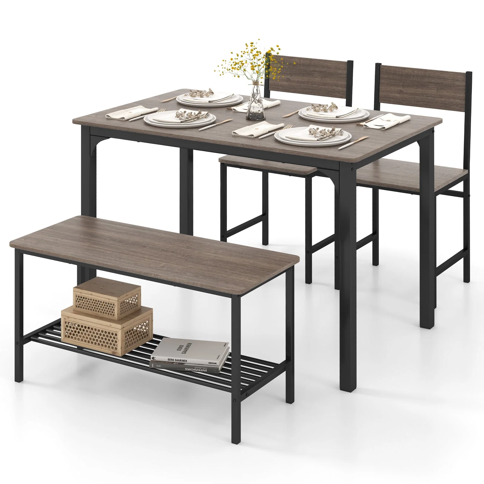 4 Pieces Rustic Dining Table Set with 2 Chairs and Bench - Gray - Image 3
