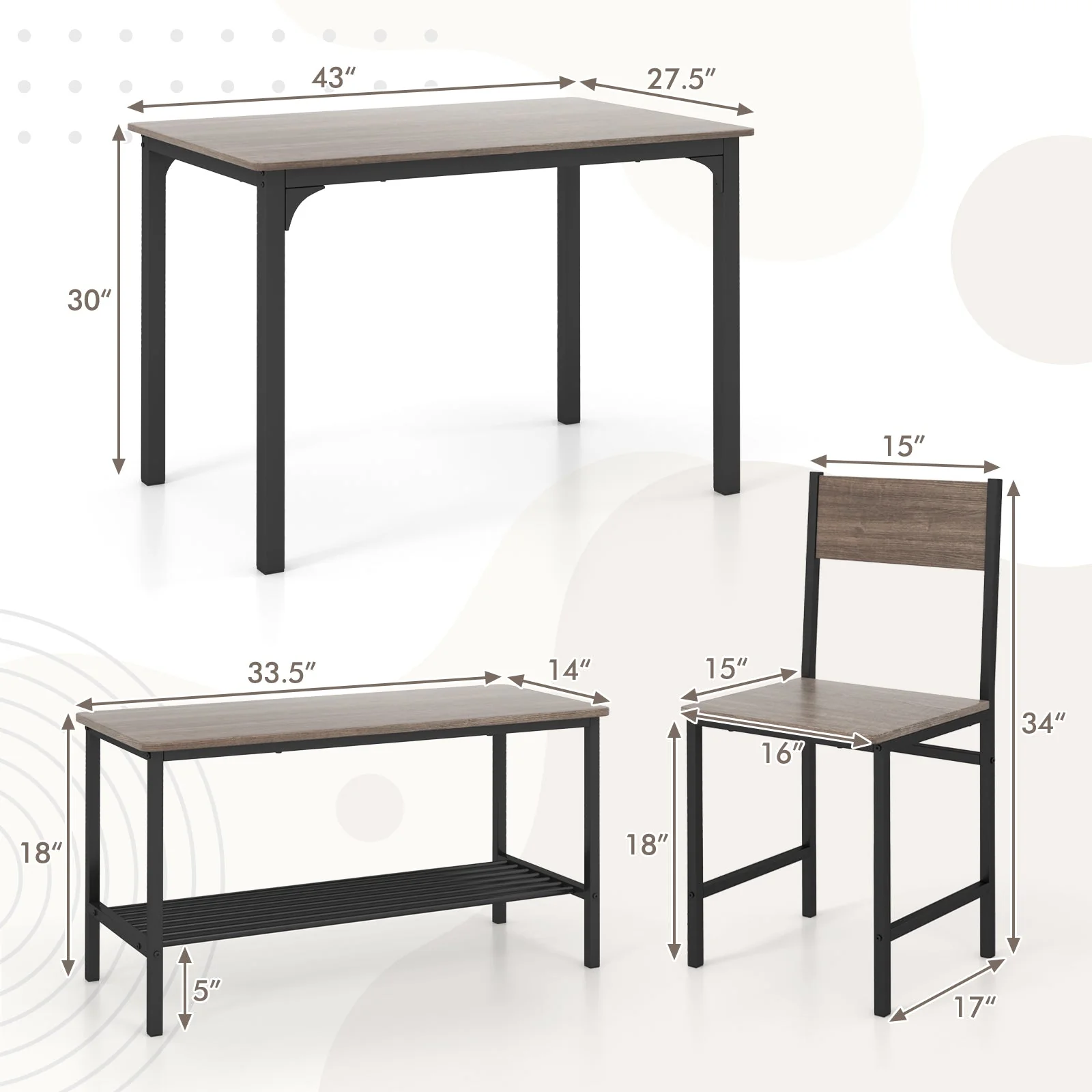 4 Pieces Rustic Dining Table Set with 2 Chairs and Bench - Gray - Image 4