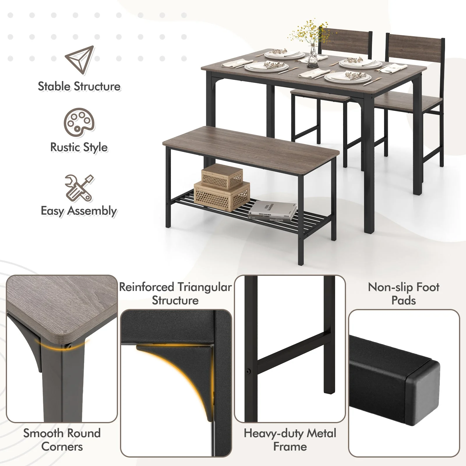 4 Pieces Rustic Dining Table Set with 2 Chairs and Bench - Gray - Image 5