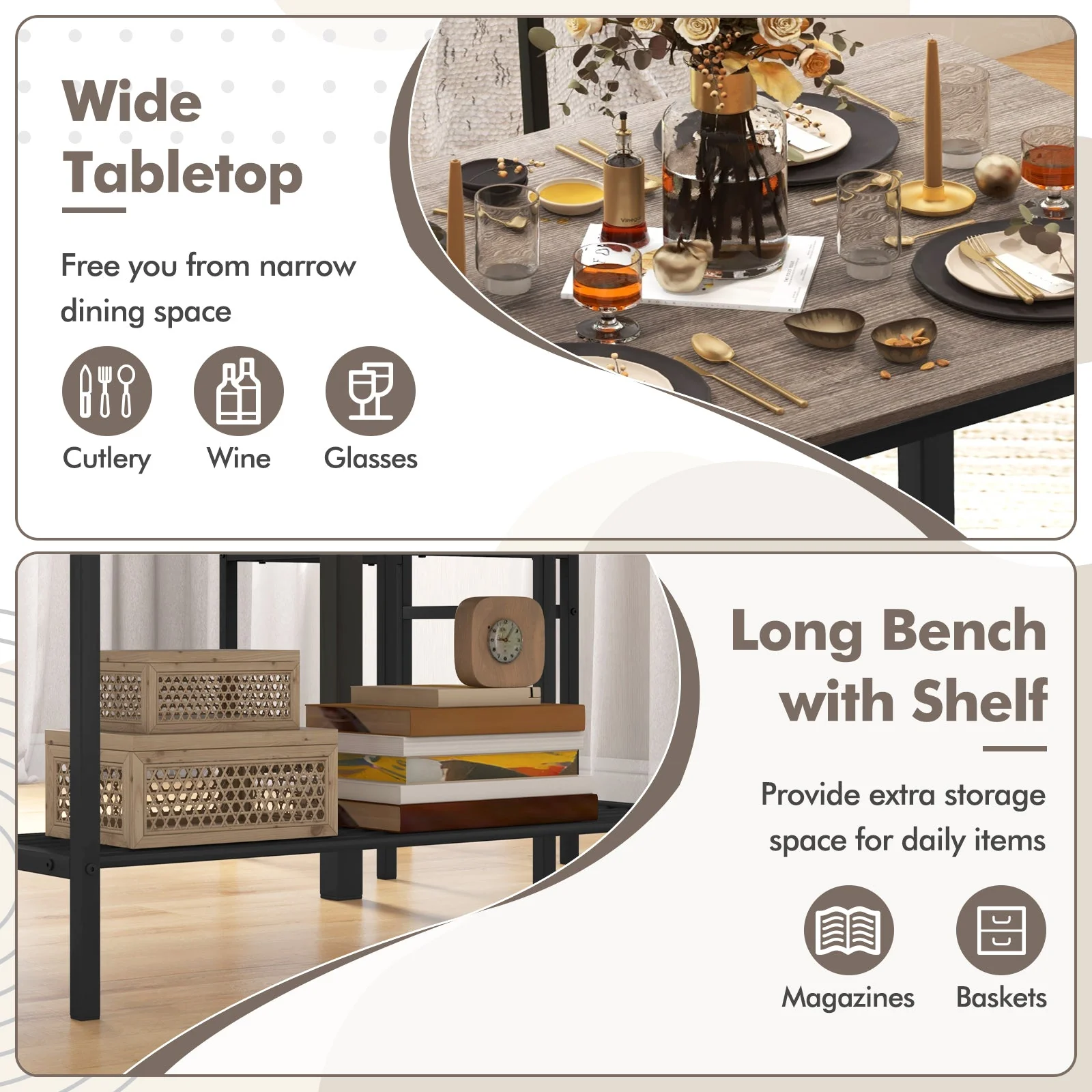 4 Pieces Rustic Dining Table Set with 2 Chairs and Bench - Gray - Image 6