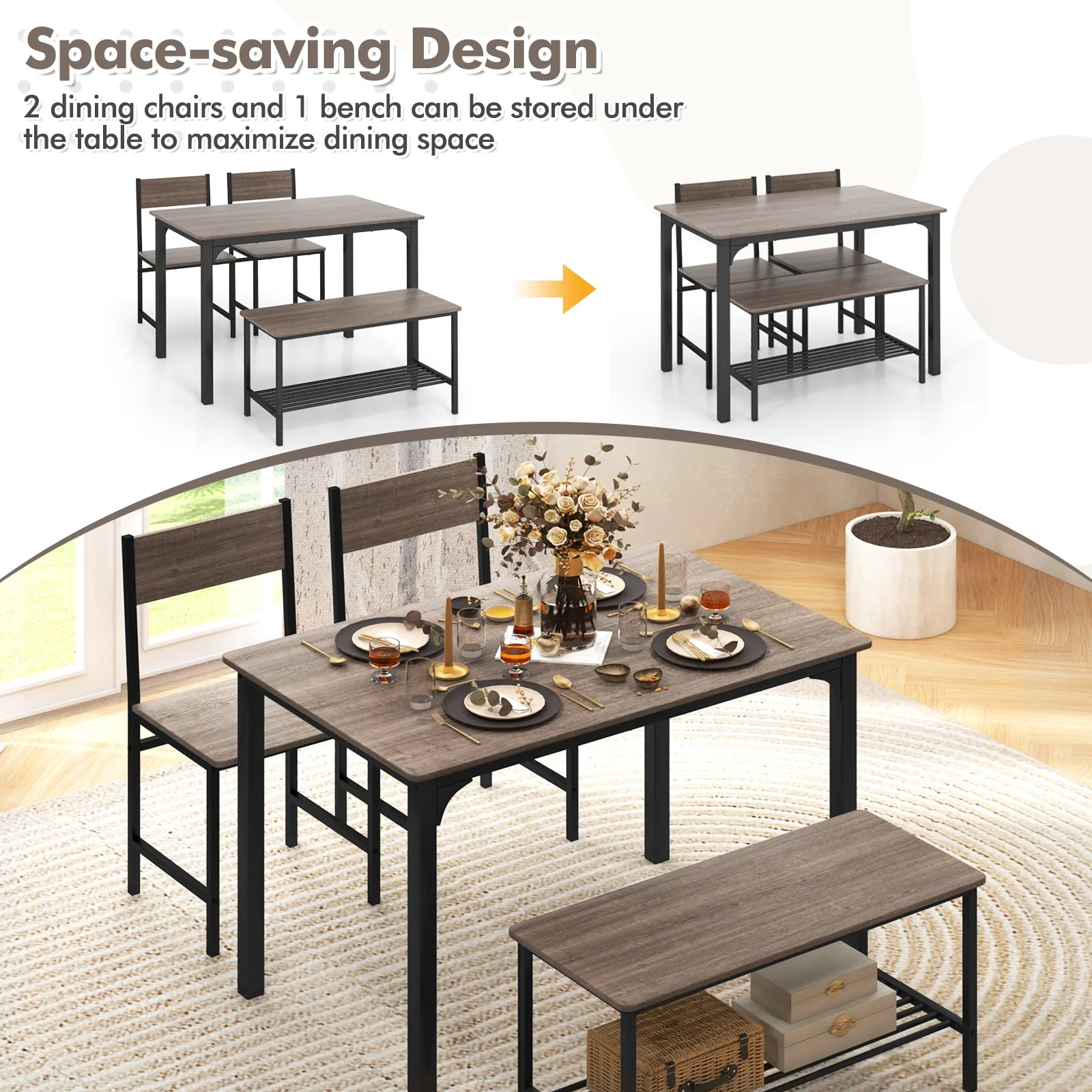 4 Pieces Rustic Dining Table Set with 2 Chairs and Bench - Gray - Image 7