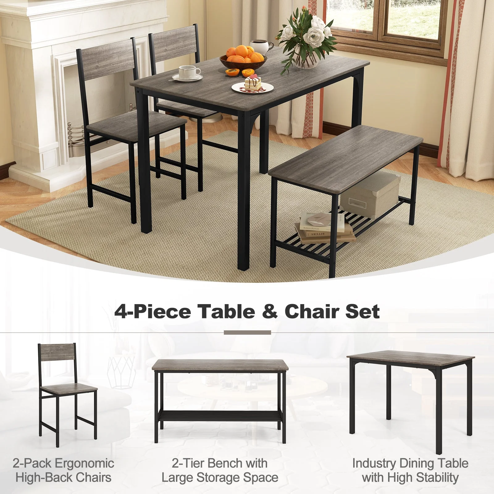 4 Pieces Rustic Dining Table Set with 2 Chairs and Bench - Gray - Image 8