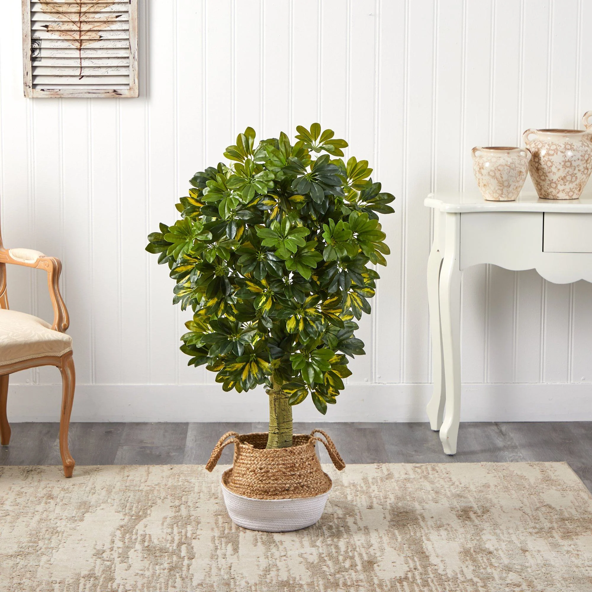 4’ Schefflera Artificial Tree in White Woven Planter (Real Touch) - Image 3