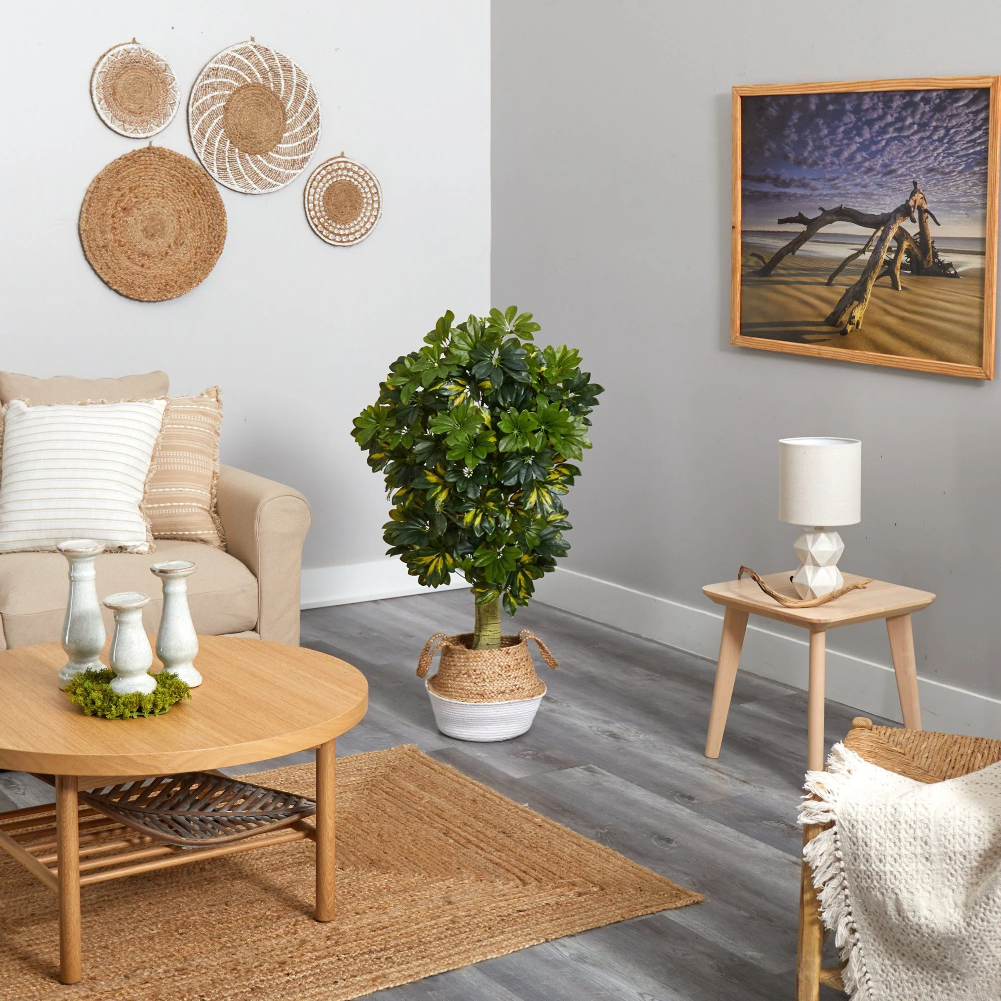 4’ Schefflera Artificial Tree in White Woven Planter (Real Touch) - Image 4