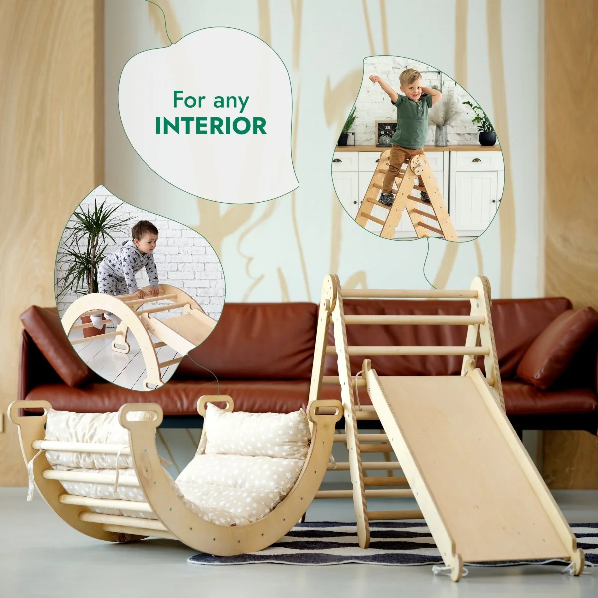 4in1 Montessori Climbing Set: Triangle Ladder + Climbing Arch + Slide Board & Cushion – Beige - Image 7