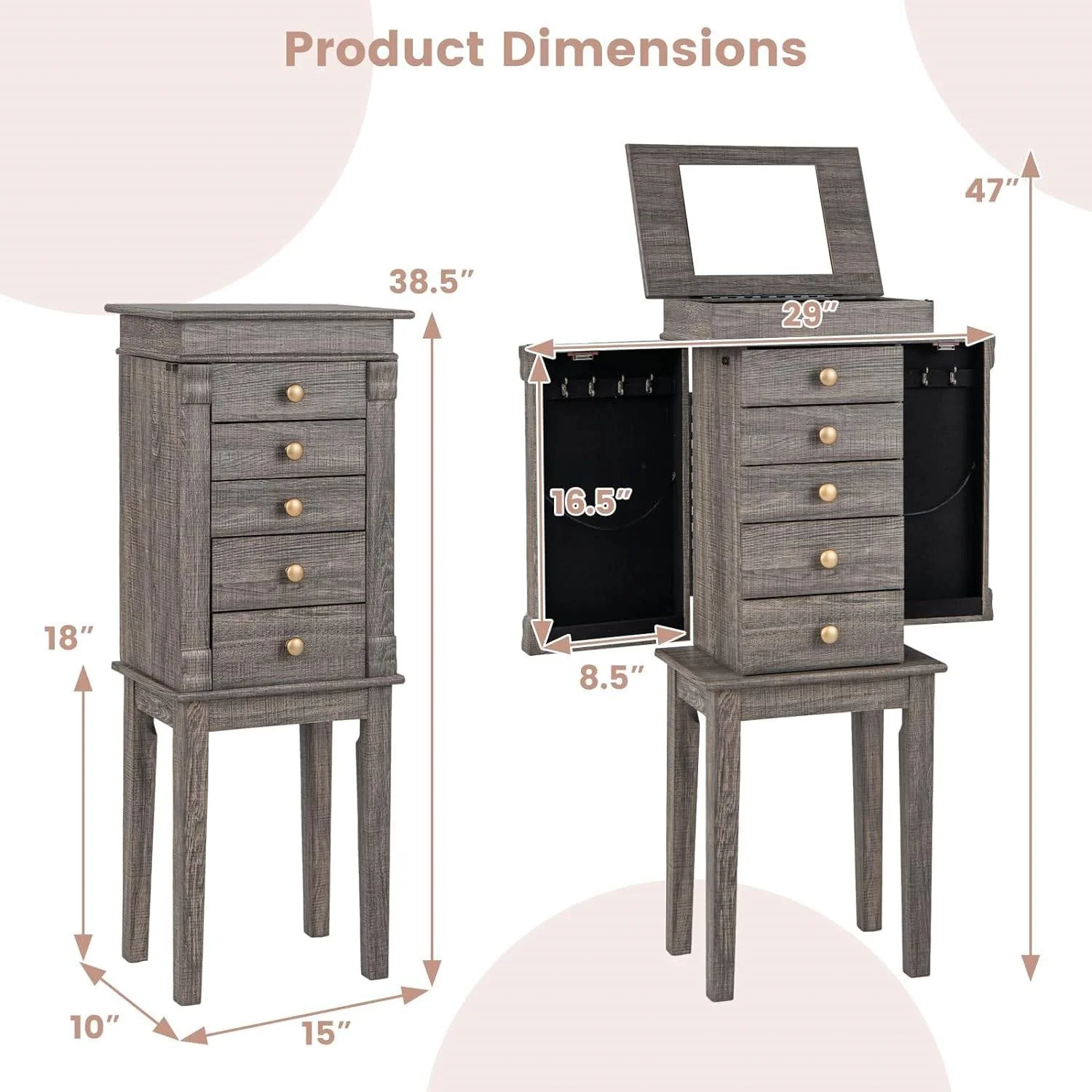 5-Drawer Jewelry Armoire Cabinet in Grey Wood Finish - Image 5