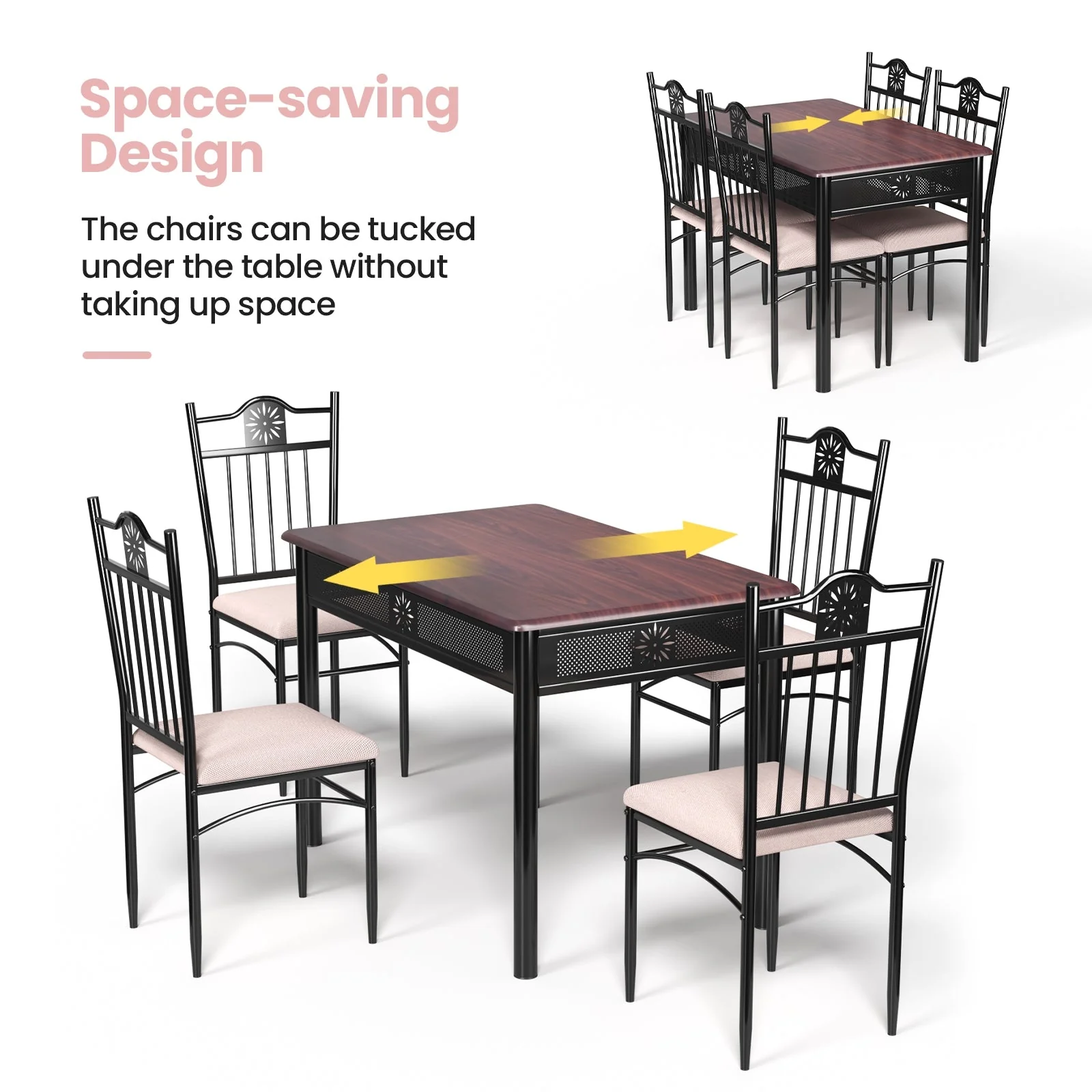 5 Pcs Dining Set, Wood Metal Table and 4 Chairs with Cushions - Image 7