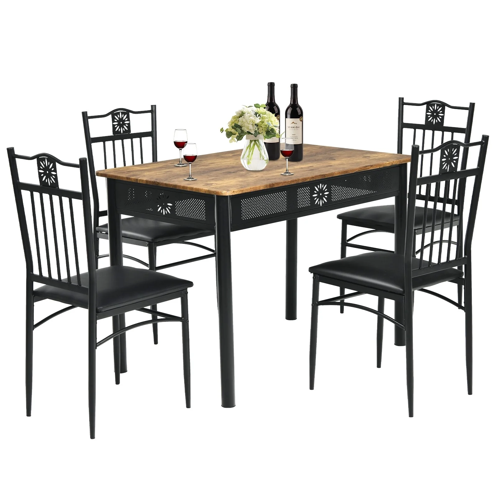 5 Piece Dining Set, Table and 4 Chairs with Cushions - Black - Image 5