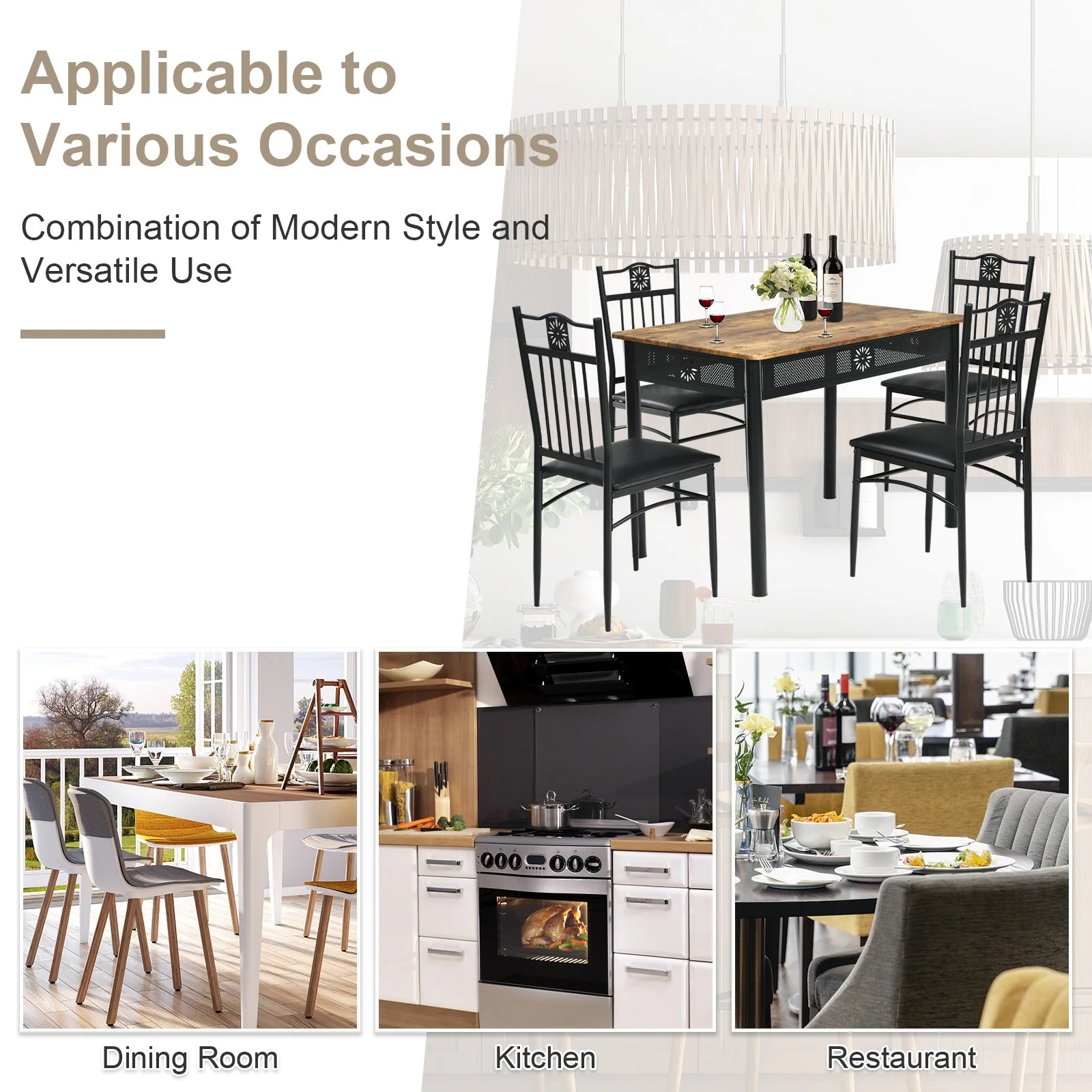 5 Piece Dining Set, Table and 4 Chairs with Cushions - Black - Image 8