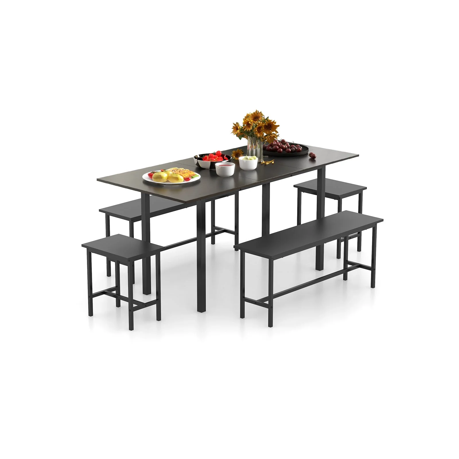 5 Piece Dining Table Set for 4-6 with 2 Benches & 2 Stools - Black - Image 2