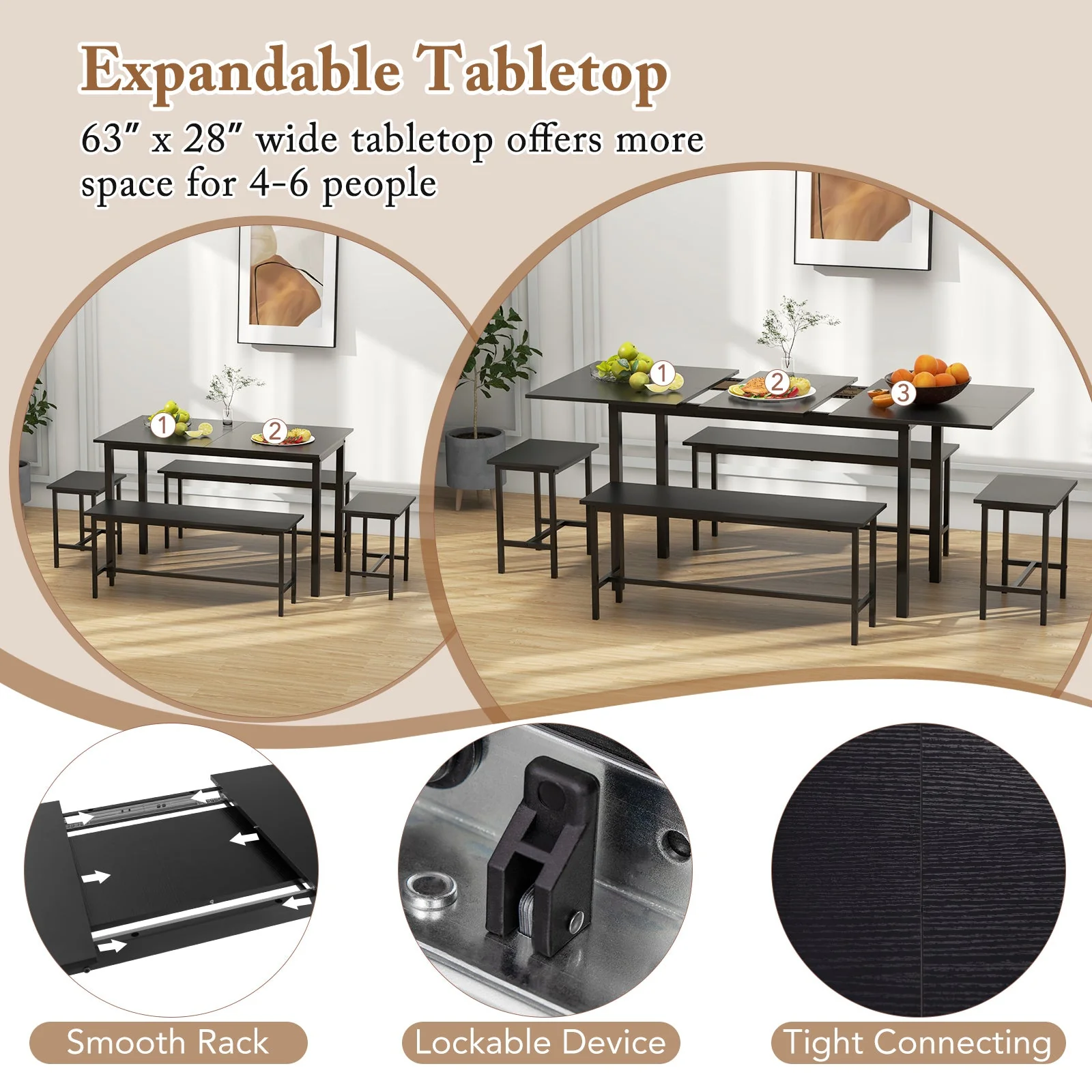 5 Piece Dining Table Set for 4-6 with 2 Benches & 2 Stools - Black - Image 5